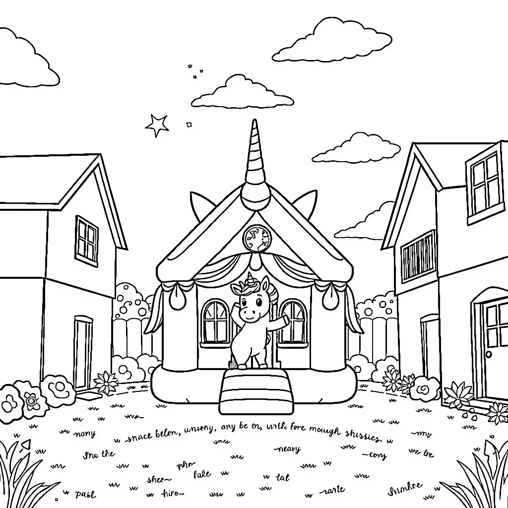 Unicorn resting in a magical village Coloring Page (free black-and-white line drawing printable PDF for all, from beginners to advanced learners, including children, teens, adults, and seniors)