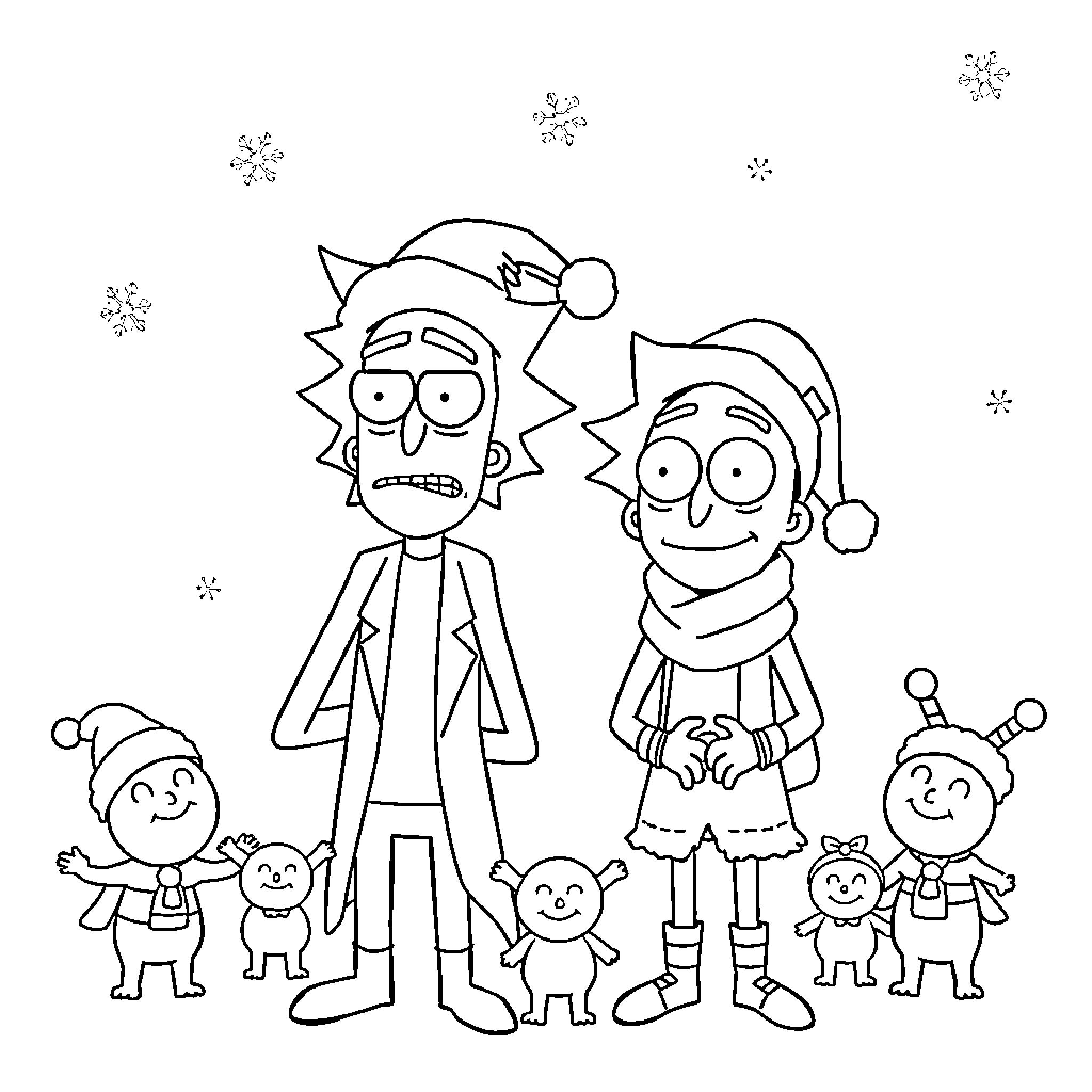 Rick And Morty Holiday Gathering Coloring Page (free black-and-white line drawing printable PDF for all, from beginners to advanced learners, including children, teens, adults, and seniors)