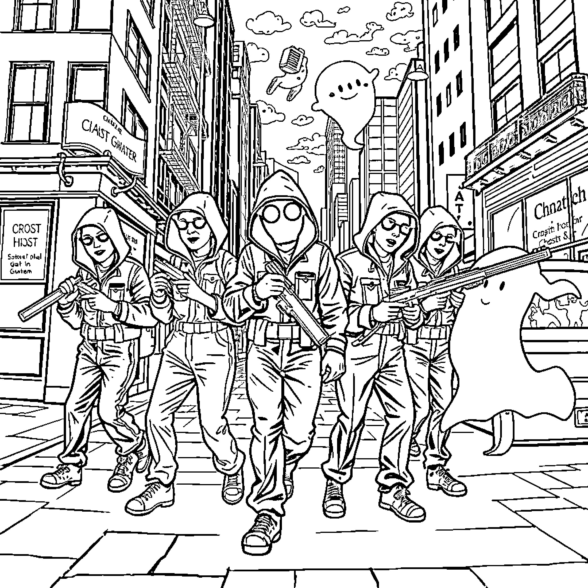 Ghostbusters crew in action on the city streets Coloring Page (free black-and-white line drawing printable PDF for all, from beginners to advanced learners, including children, teens, adults, and seniors)