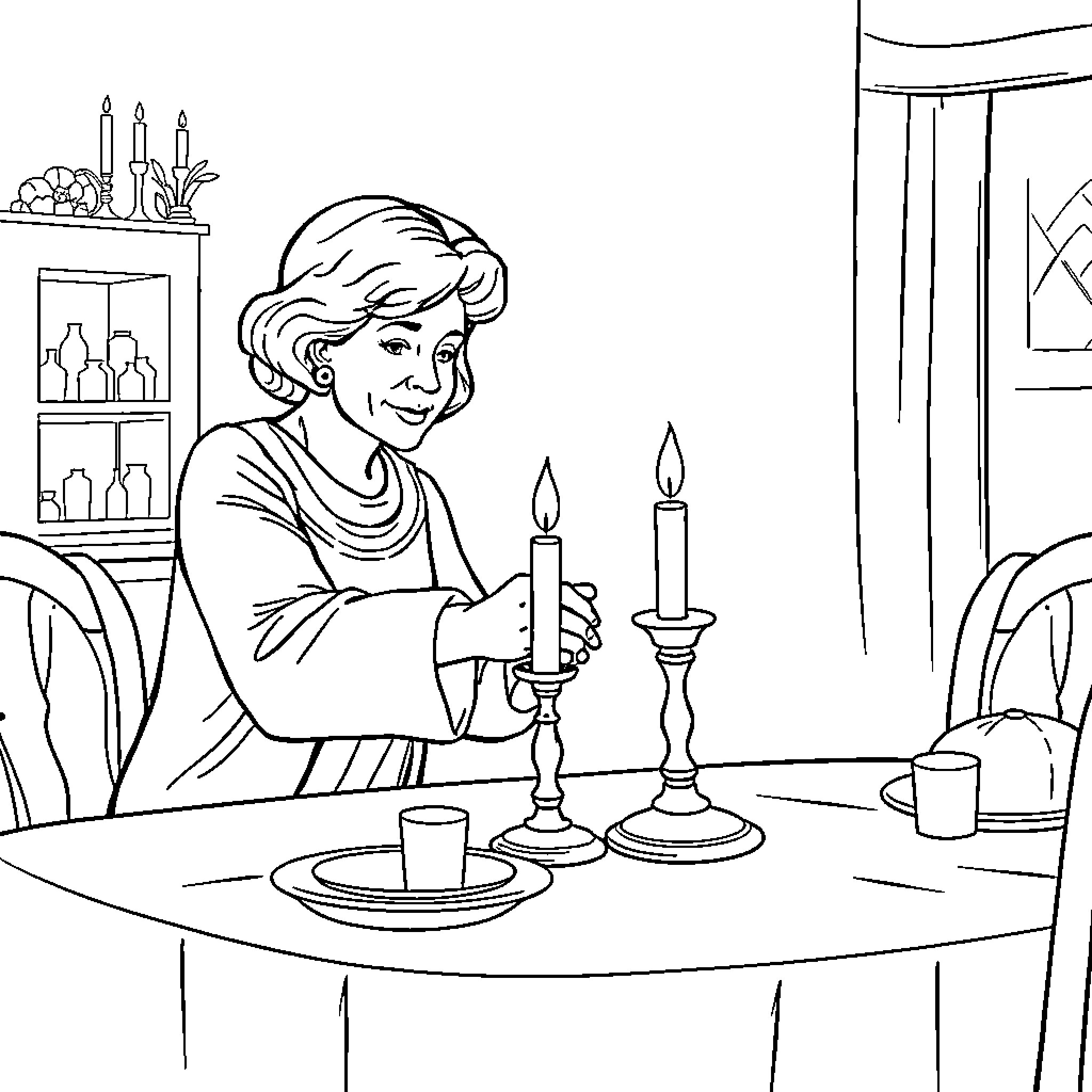 Mom lighting candles for cozy evening at home Coloring Page (free black-and-white line drawing printable PDF for all, from beginners to advanced learners, including children, teens, adults, and seniors)