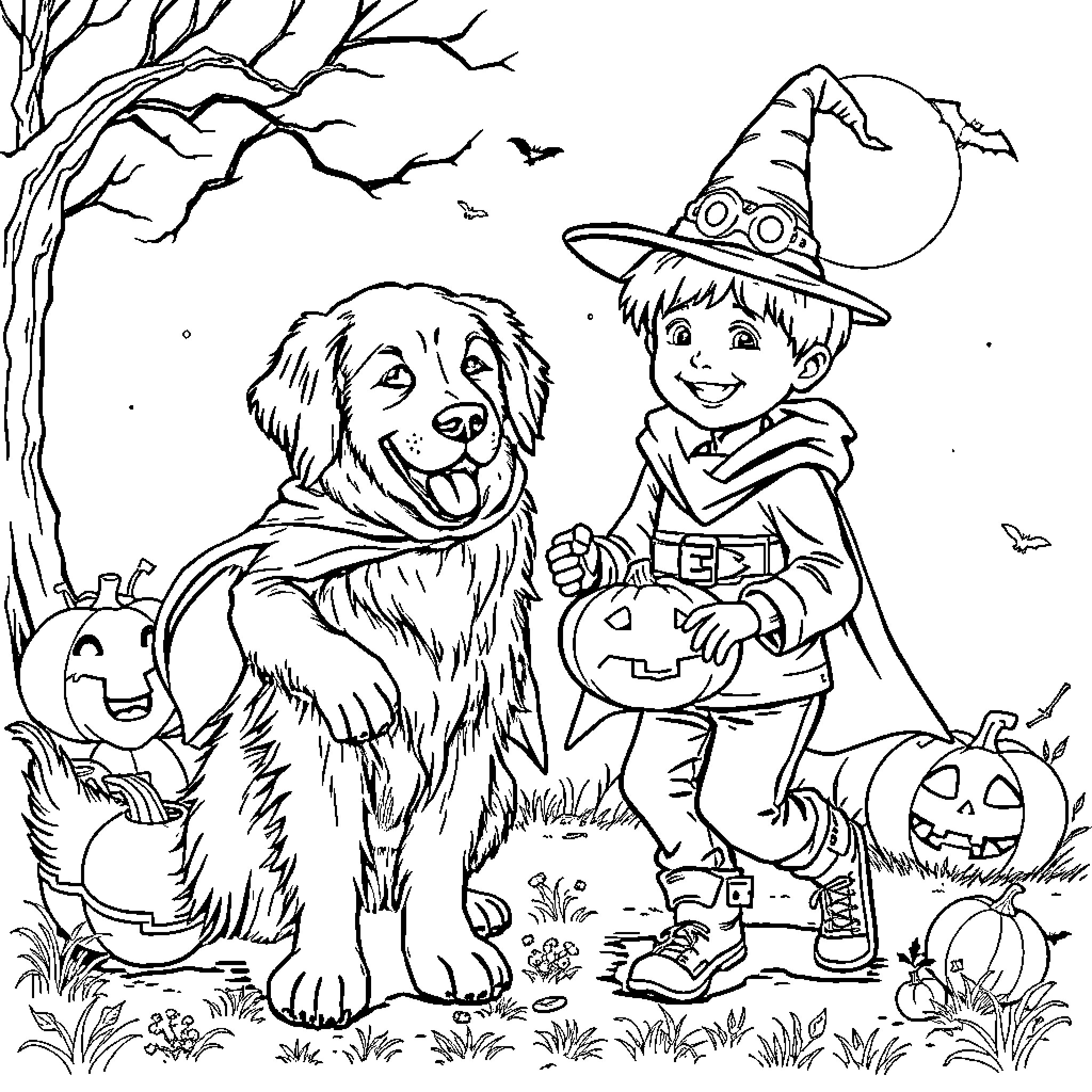 Golden Retriever enjoying Halloween with a young child Coloring Page (free black-and-white line drawing printable PDF for all, from beginners to advanced learners, including children, teens, adults, and seniors)