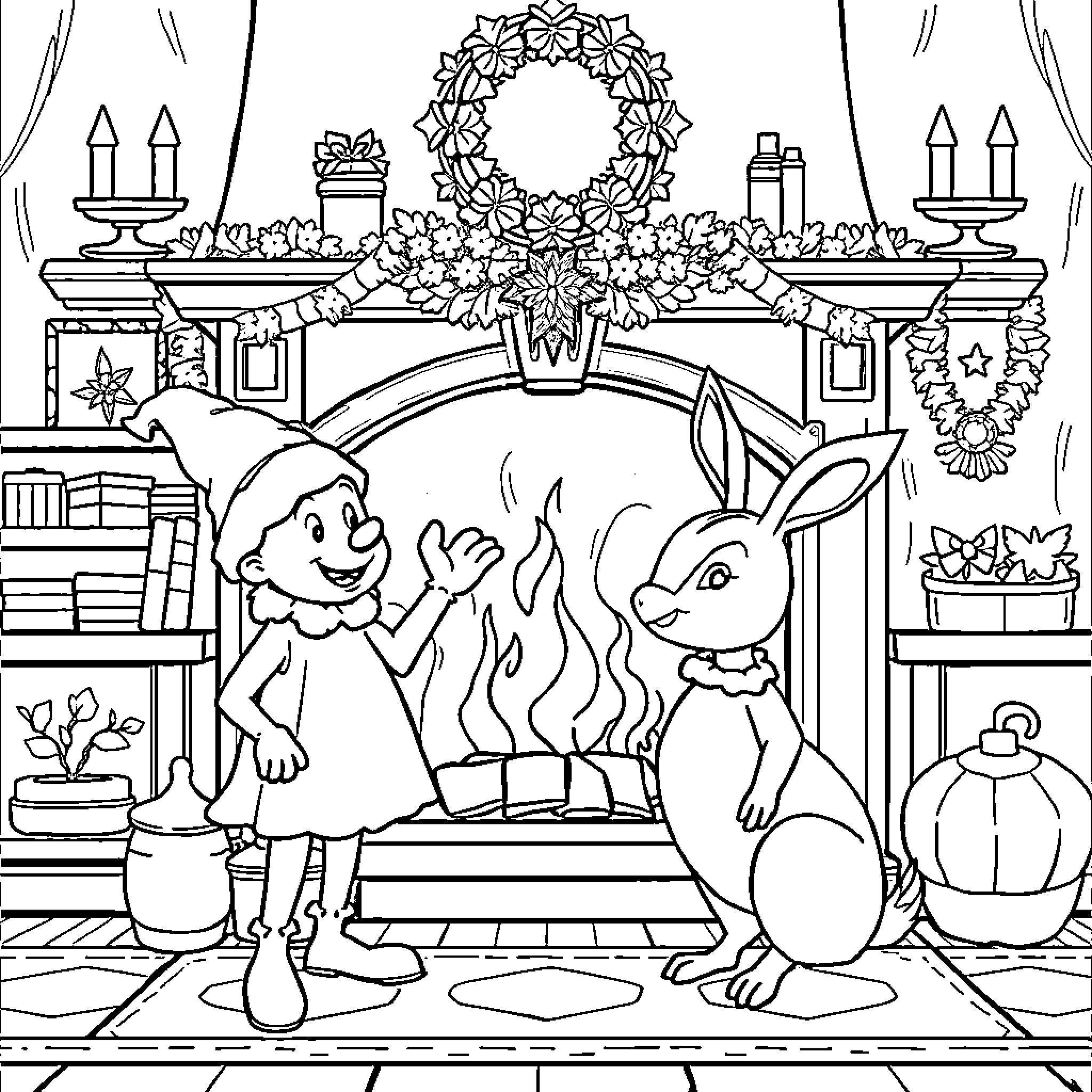 Lutin's Cozy Winter Wonderland Coloring Page (free black-and-white line drawing printable PDF for all, from beginners to advanced learners, including children, teens, adults, and seniors)