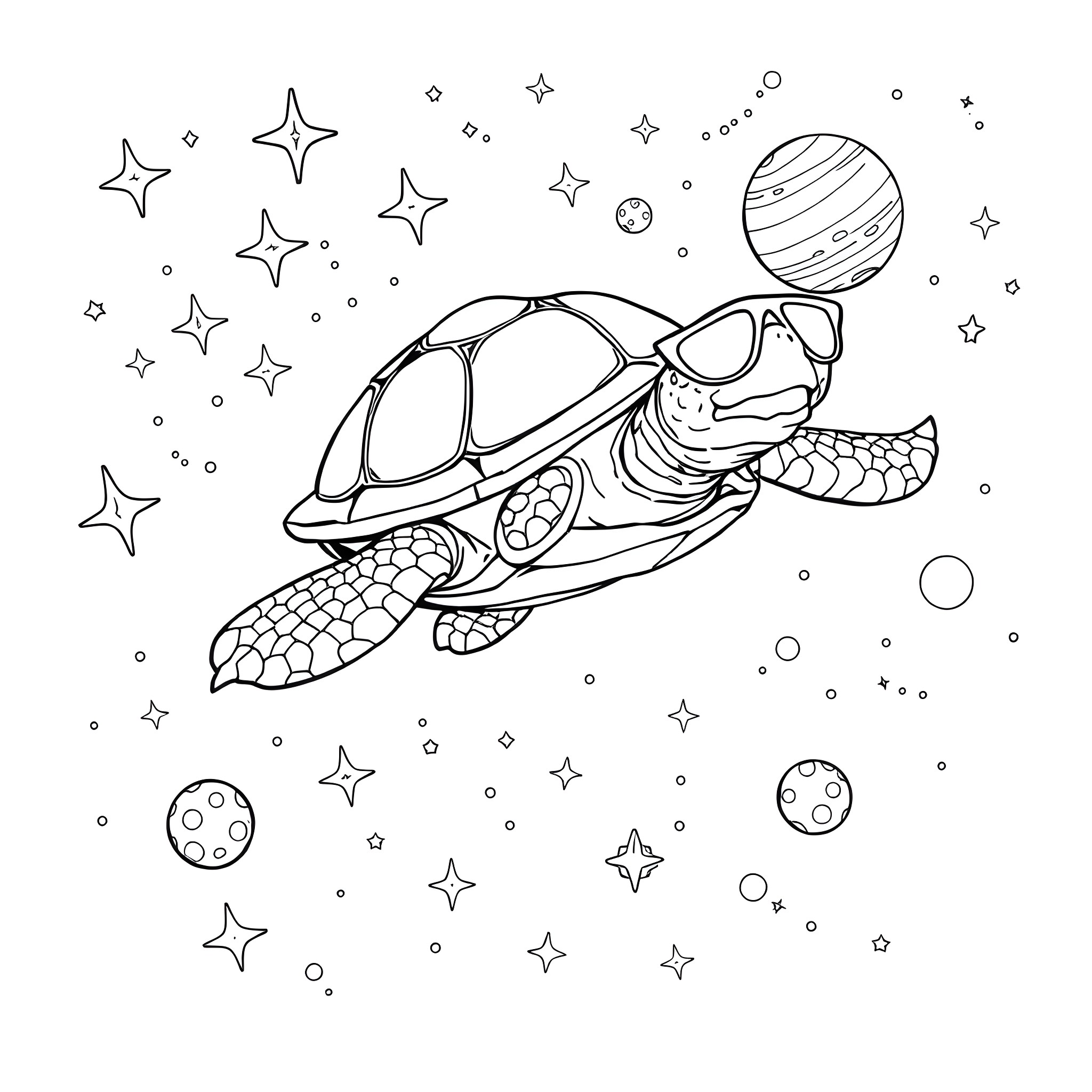 Turtle flying through space with stars Coloring Page (free black-and-white line drawing printable PDF for all, from beginners to advanced learners, including children, teens, adults, and seniors)