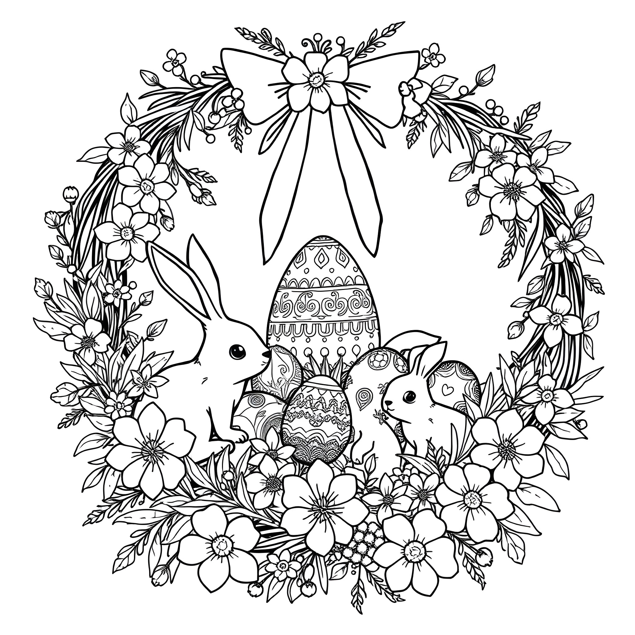 Wreath of Decorative Floral and Bunny Elements Coloring Page (free black-and-white line drawing printable PDF for all, from beginners to advanced learners, including children, teens, adults, and seniors)