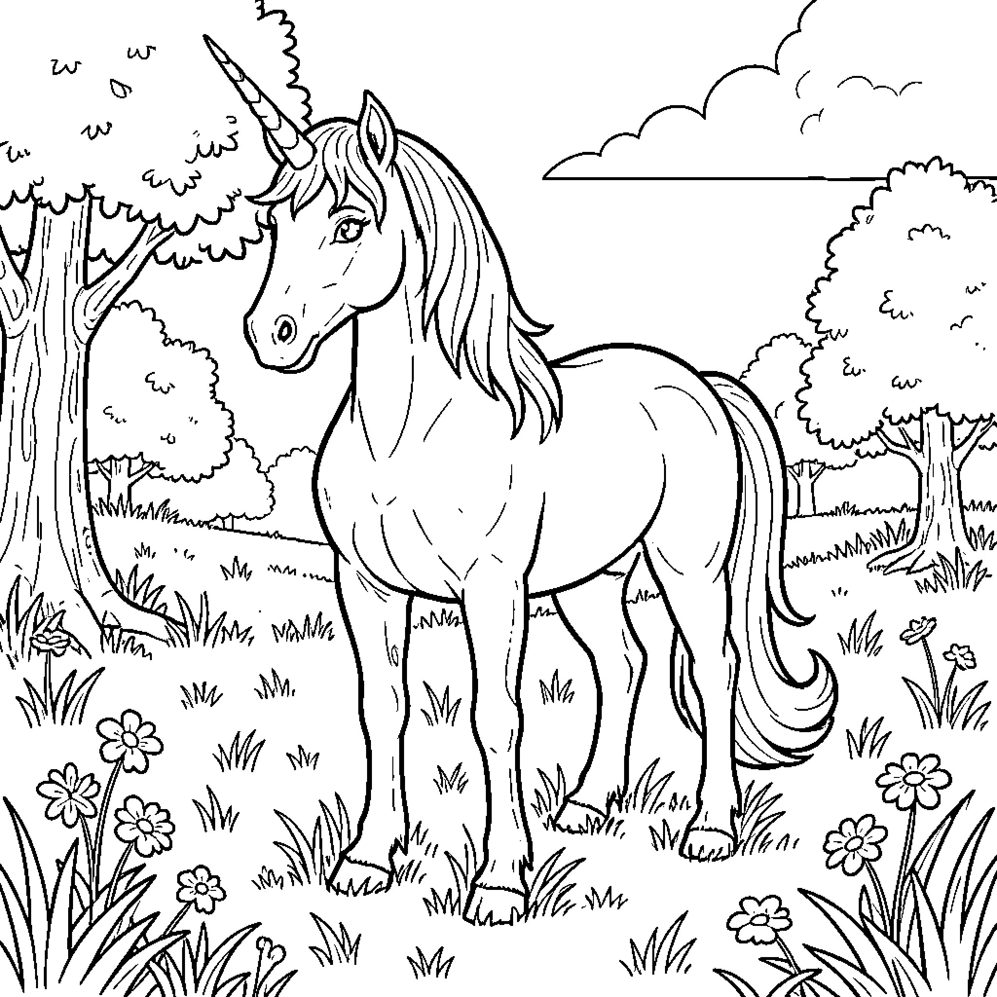 Unicorn standing in a magical forest Coloring Page (free black-and-white line drawing printable PDF for all, from beginners to advanced learners, including children, teens, adults, and seniors)