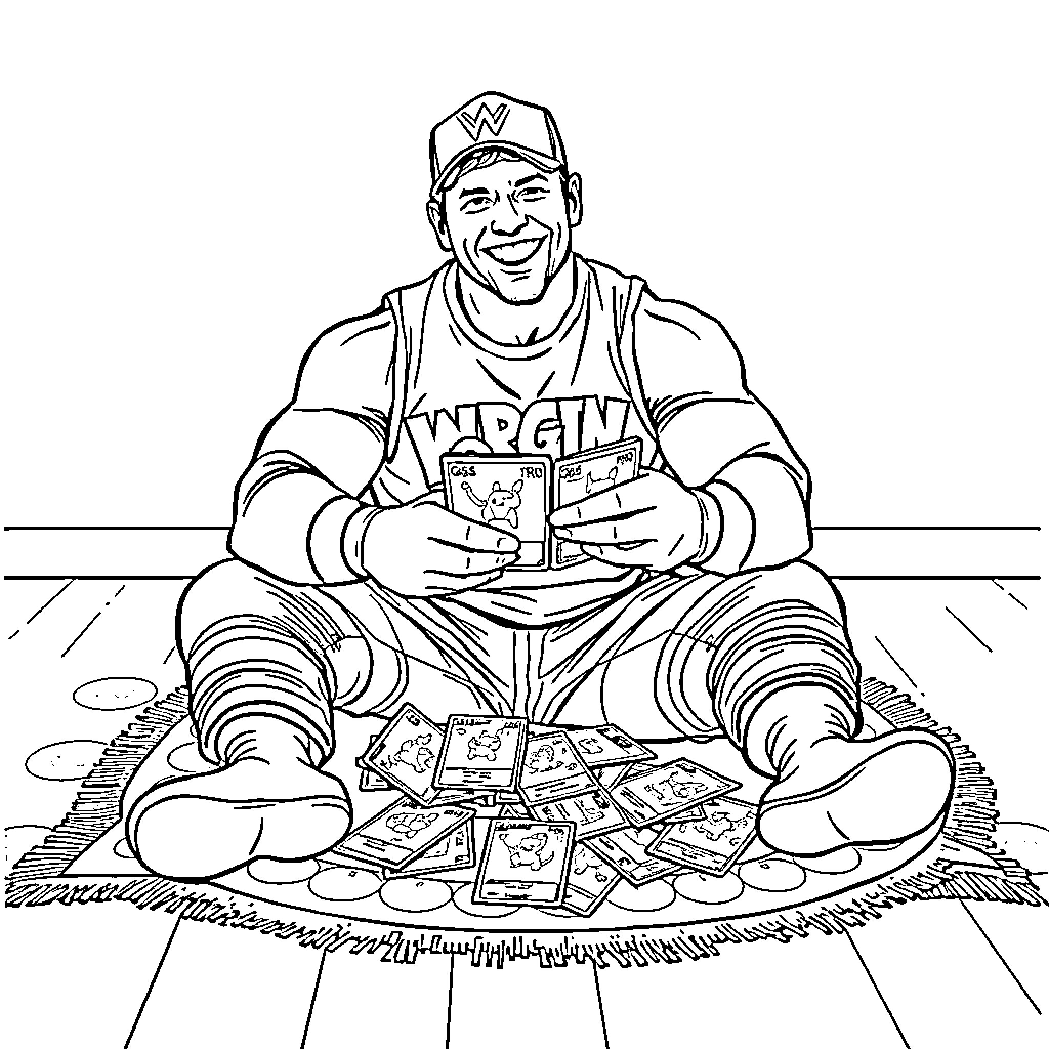 John Cena Counting and Celebrating Money on a Rug Coloring Page (free black-and-white line drawing printable PDF for all, from beginners to advanced learners, including children, teens, adults, and seniors)