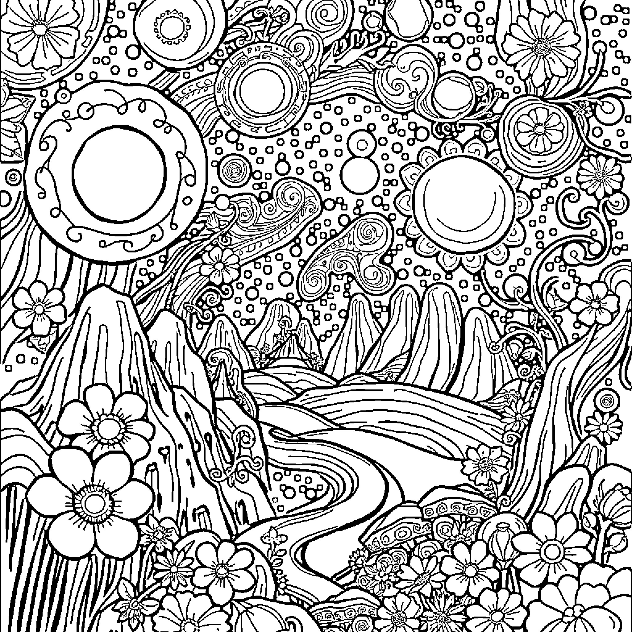 Fantasy Dreamscape with Intricate Floral Patterns Coloring Page (free black-and-white line drawing printable PDF for all, from beginners to advanced learners, including children, teens, adults, and seniors)
