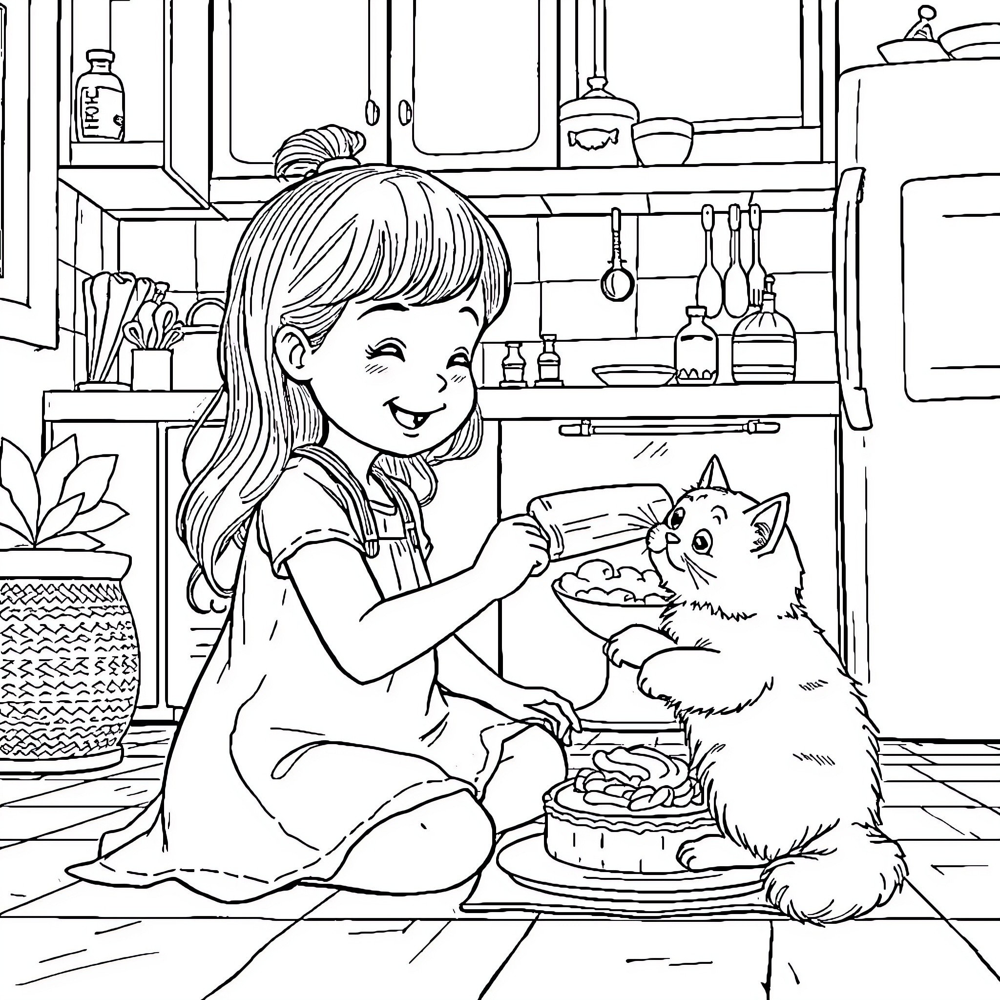 Girl playing with pet cat in the kitchen Coloring Page (free black-and-white line drawing printable PDF for all, from beginners to advanced learners, including children, teens, adults, and seniors)