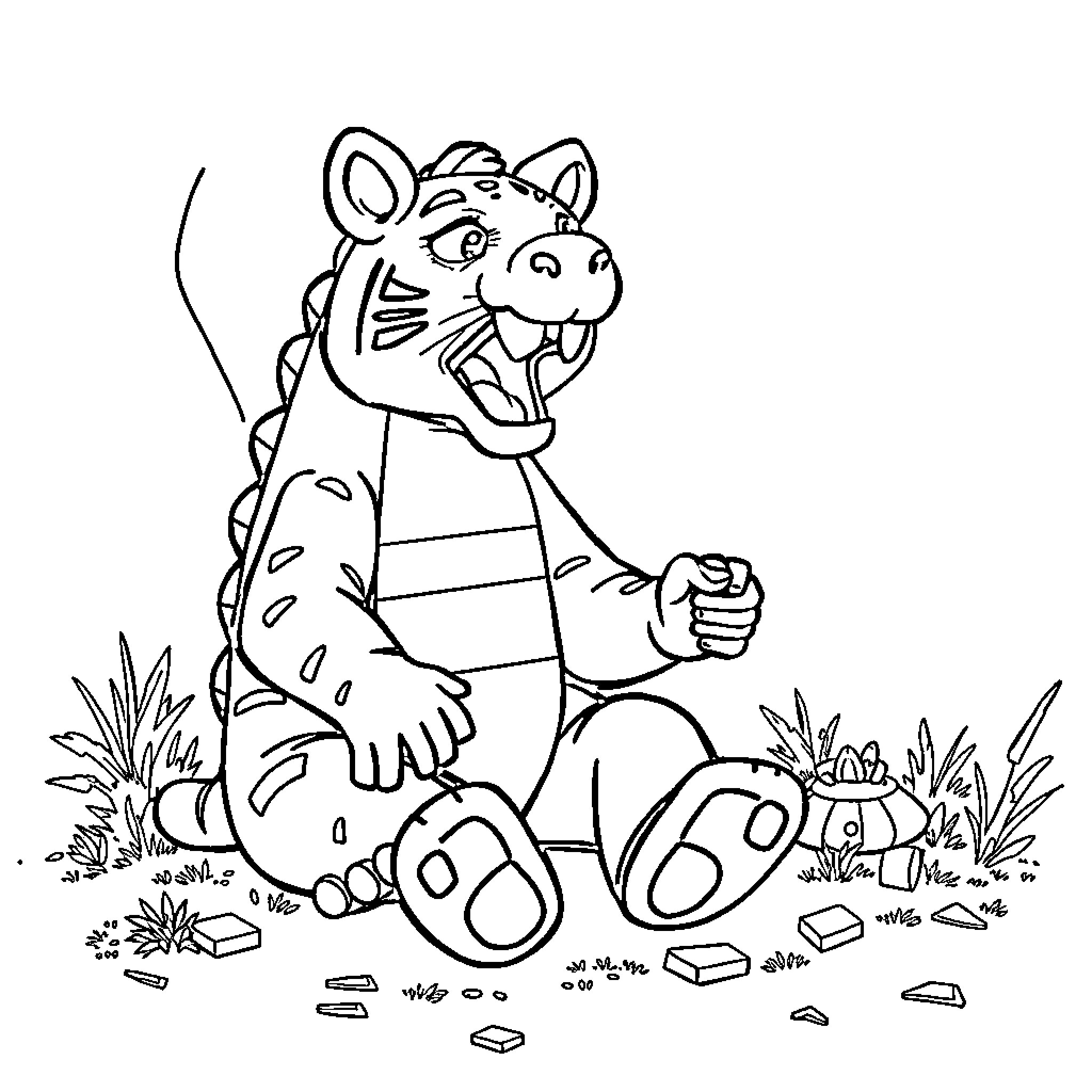 Child Coloring Page with Cheerful Cartoon Animal Coloring Page (free black-and-white line drawing printable PDF for all, from beginners to advanced learners, including children, teens, adults, and seniors)