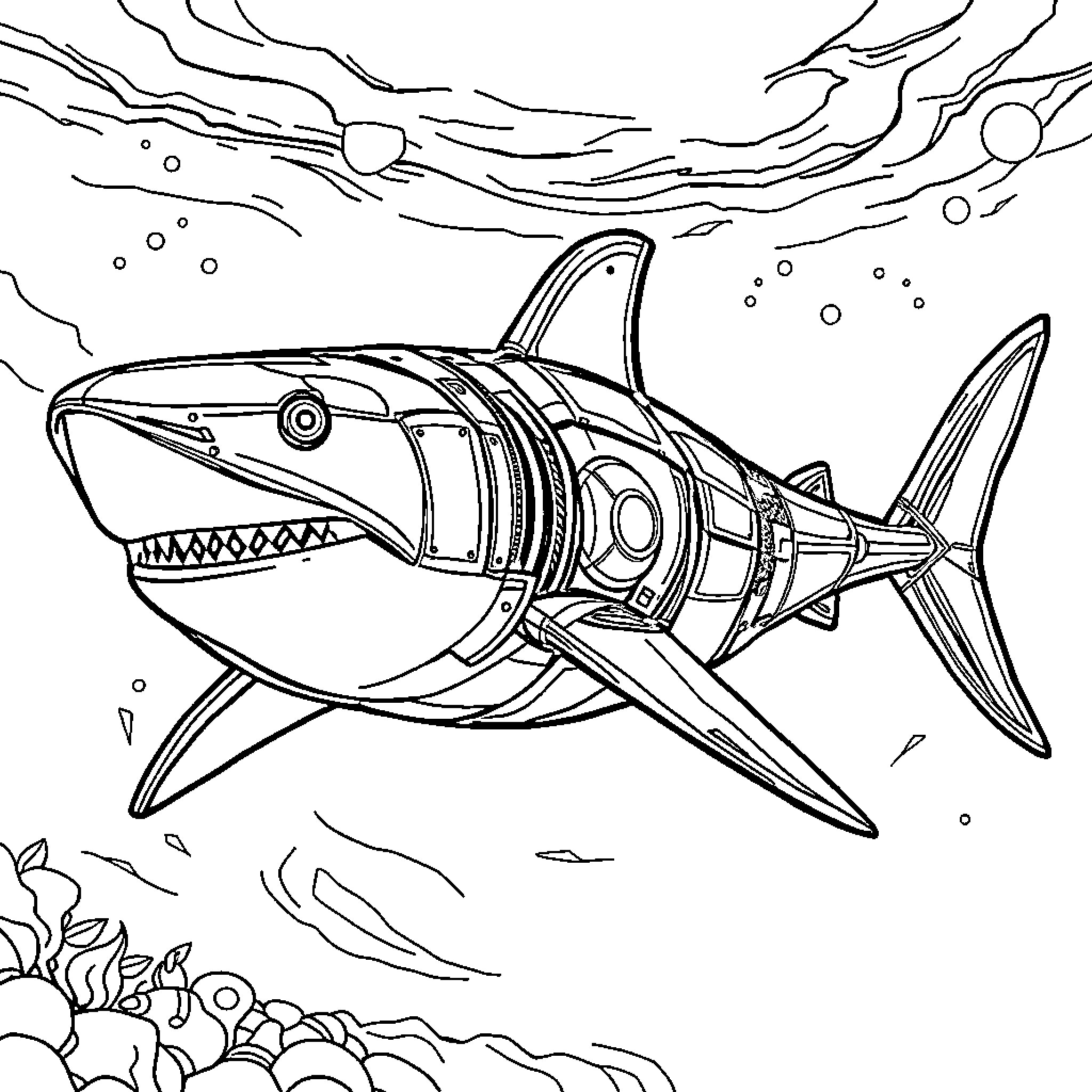 Shark in Mechanical Underwater Adventure Coloring Page (free black-and-white line drawing printable PDF for all, from beginners to advanced learners, including children, teens, adults, and seniors)