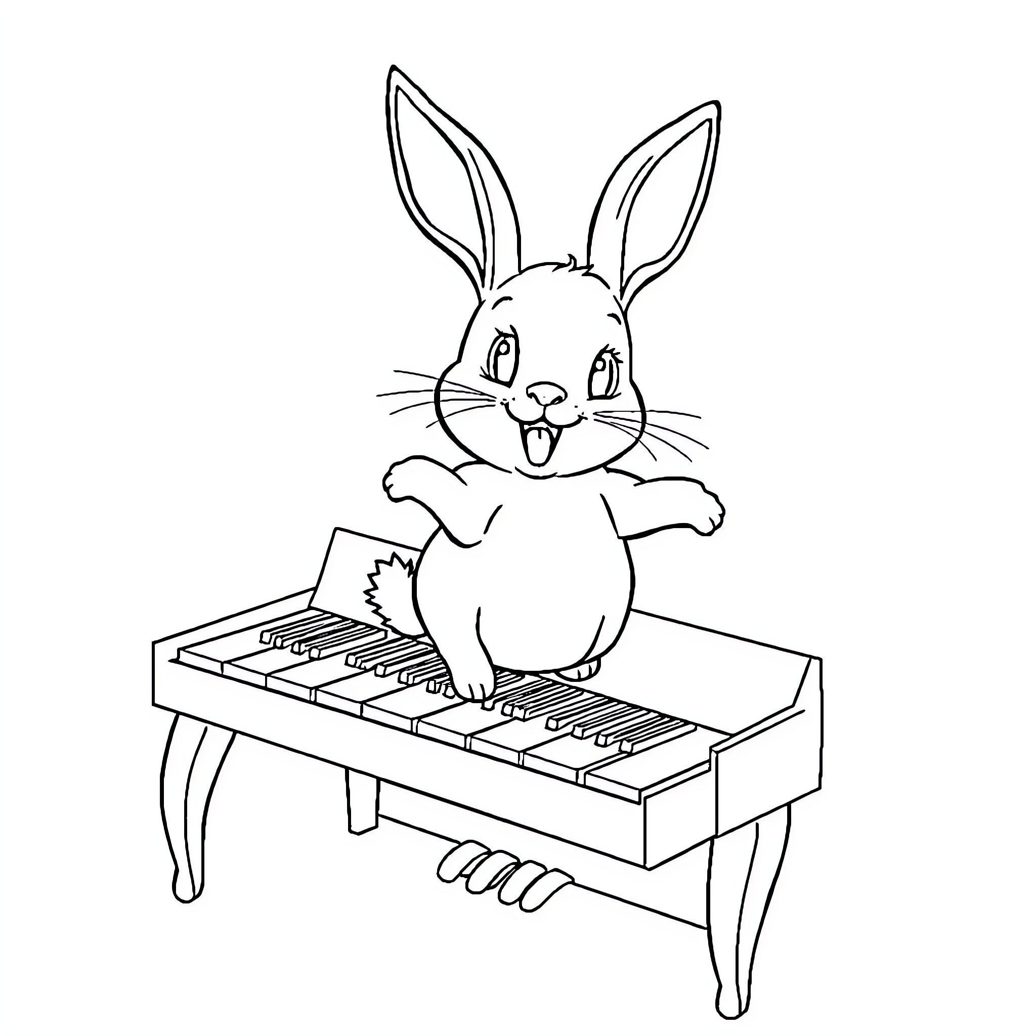 Rabbit playing a musical instrument happily Coloring Page (free black-and-white line drawing printable PDF for all, from beginners to advanced learners, including children, teens, adults, and seniors)
