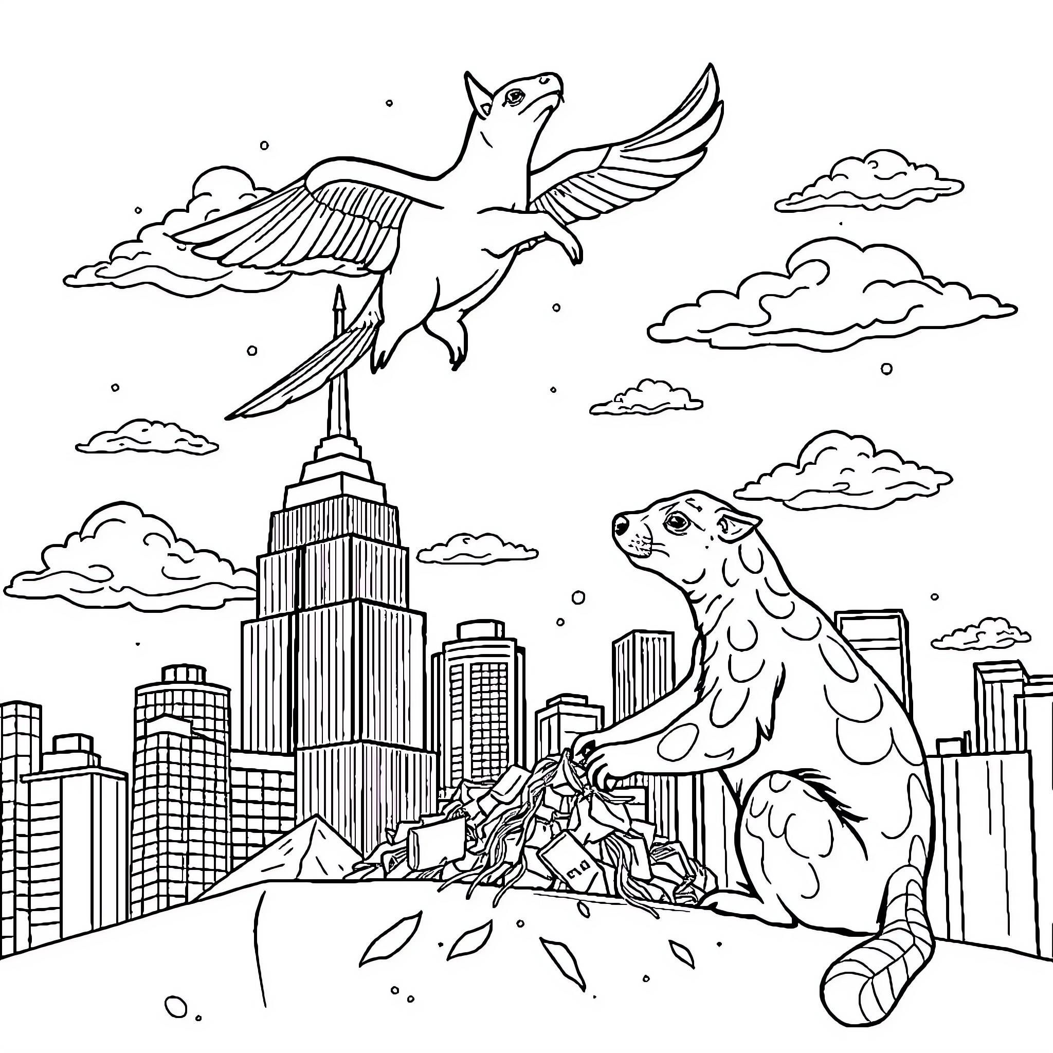Rhinoceros takes flight over the city skyline Coloring Page (free black-and-white line drawing printable PDF for all, from beginners to advanced learners, including children, teens, adults, and seniors)