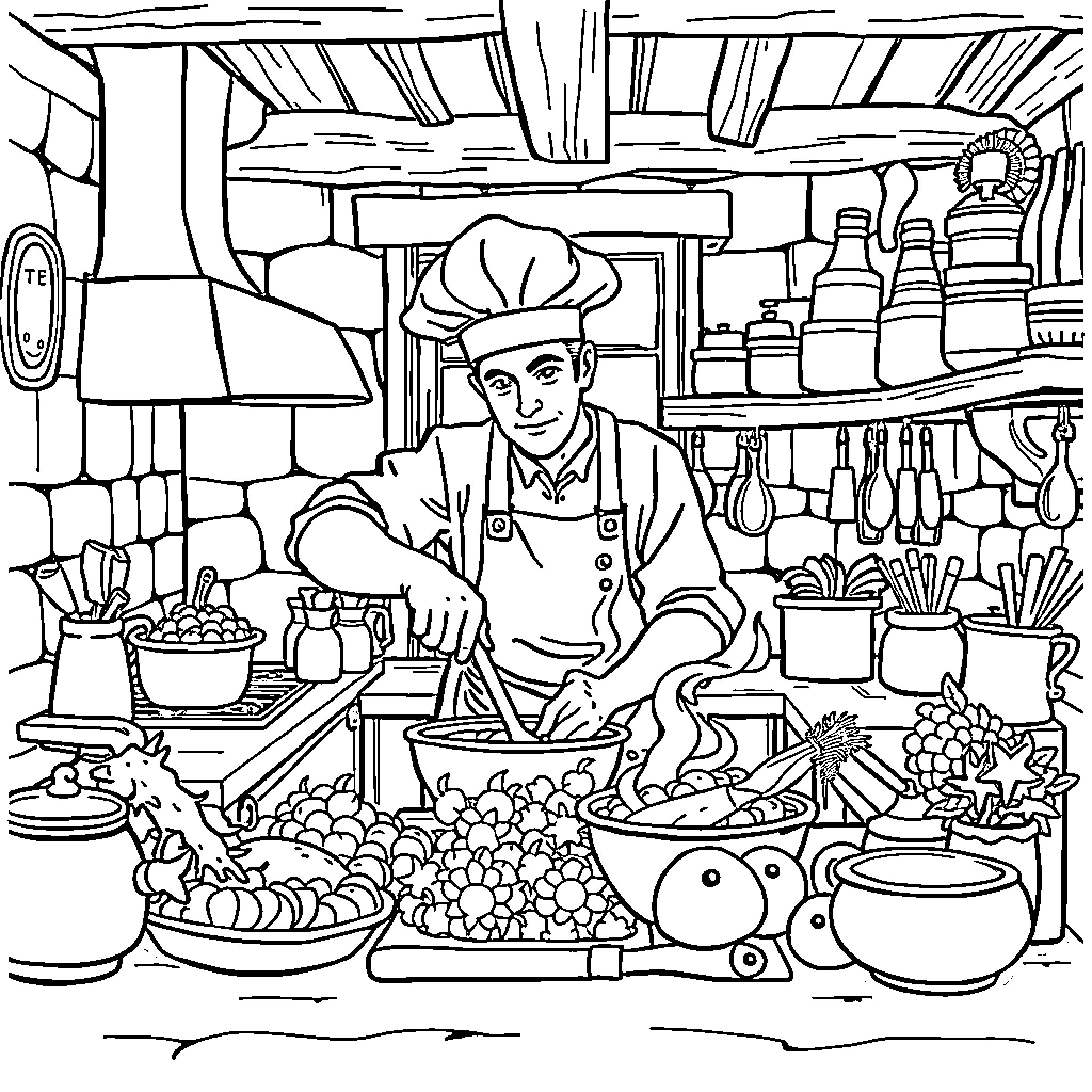 Wizard's Magical Kitchen Workspace Coloring Page (free black-and-white line drawing printable PDF for all, from beginners to advanced learners, including children, teens, adults, and seniors)