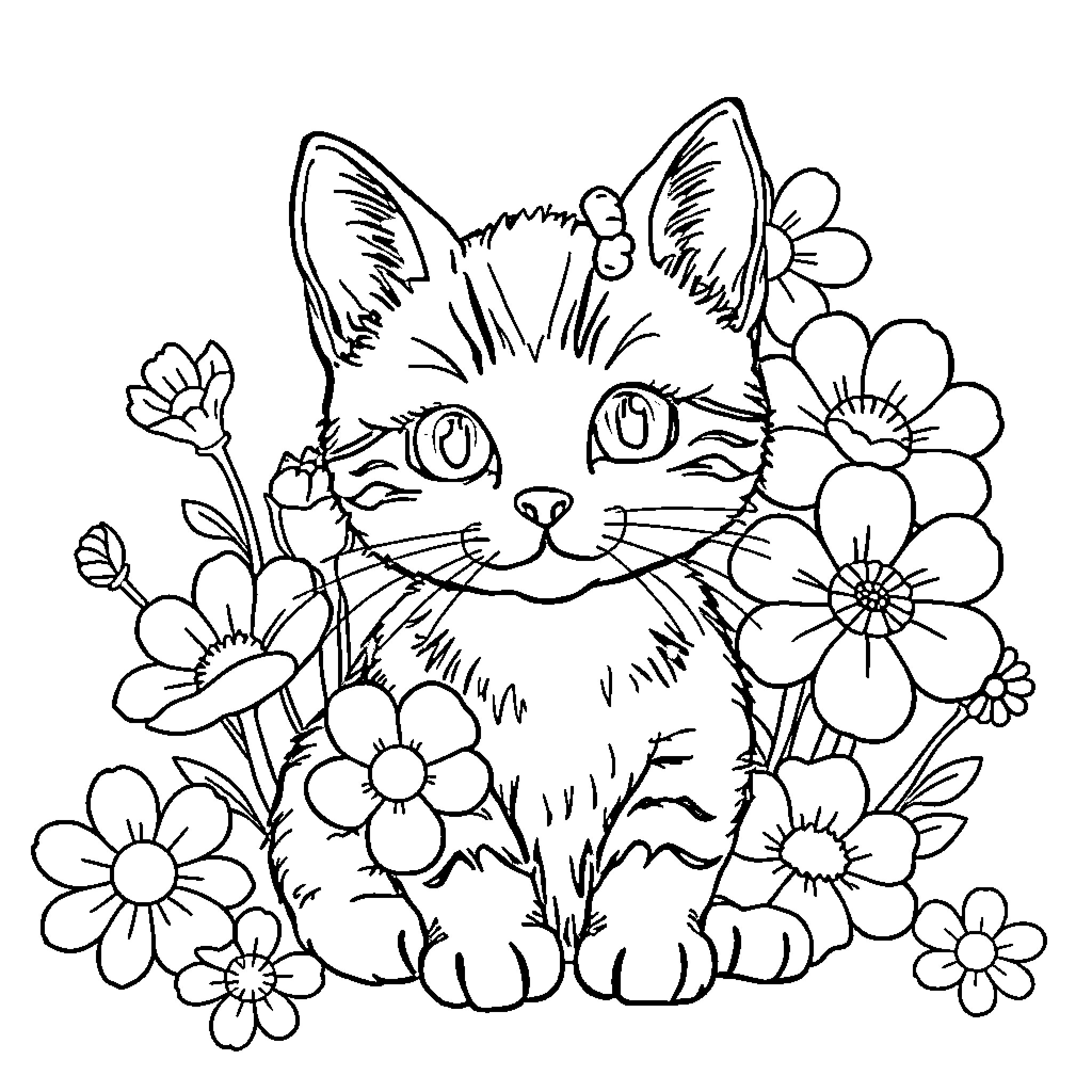 Flower Cat surrounded by blooming flowers Coloring Page (free black-and-white line drawing printable PDF for all, from beginners to advanced learners, including children, teens, adults, and seniors)
