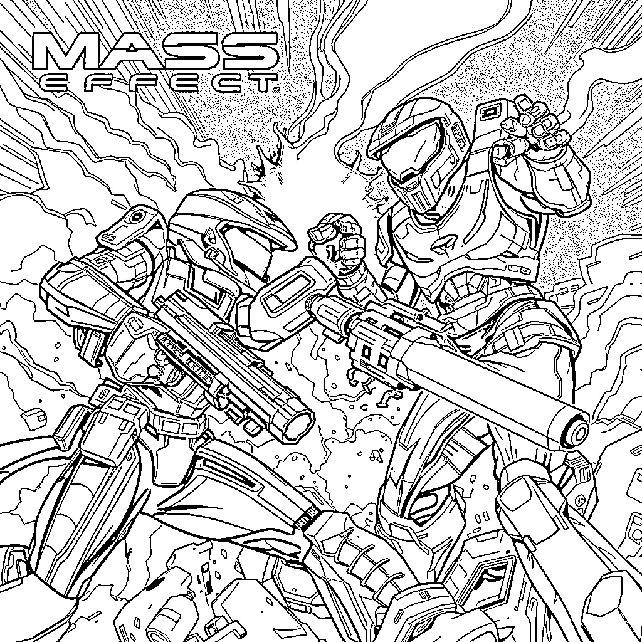 Mass Effect - Futuristic Sci-Fi Battle Scene Coloring Page (free black-and-white line drawing printable PDF for all, from beginners to advanced learners, including children, teens, adults, and seniors)
