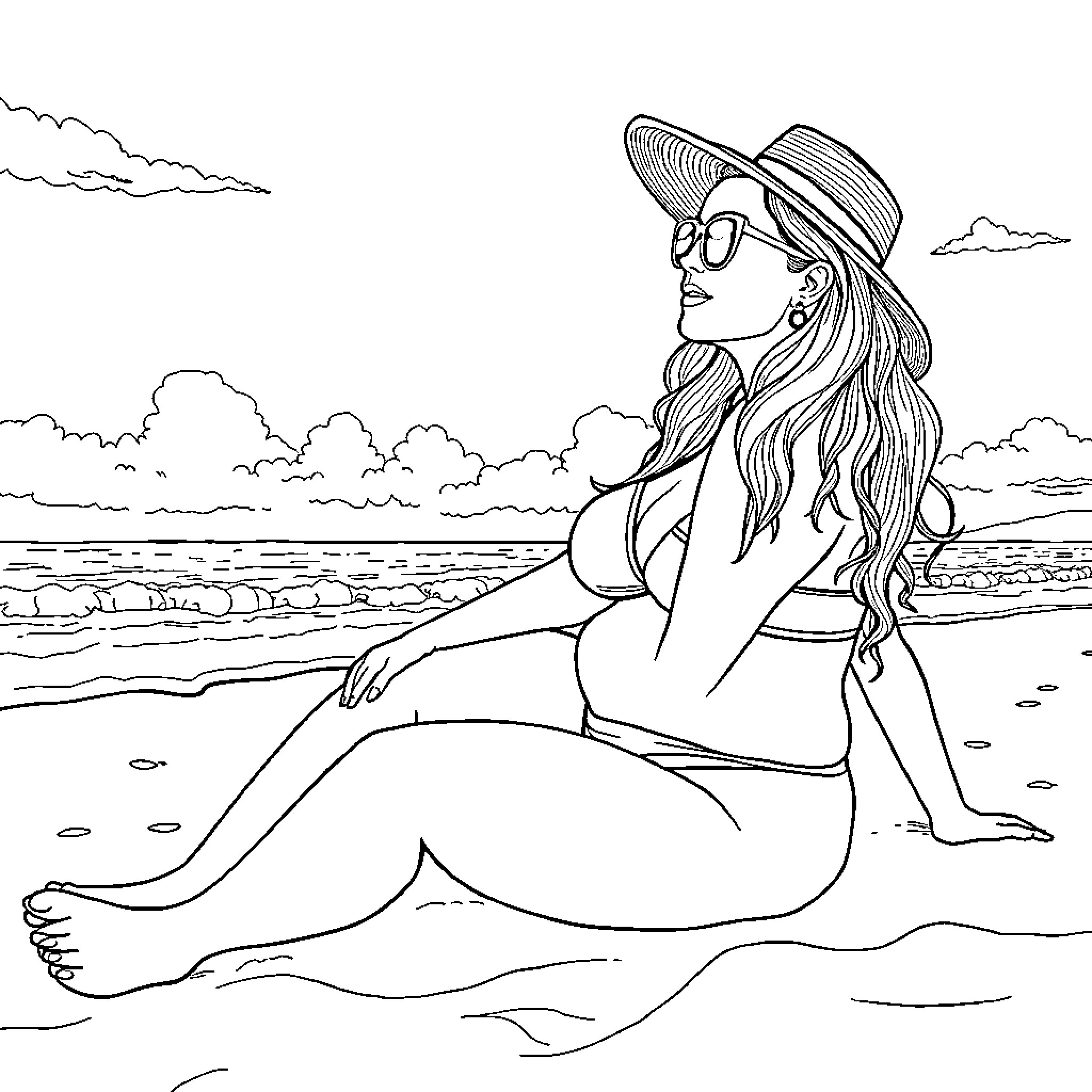 Woman relaxing on the beach Coloring Page (free black-and-white line drawing printable PDF for all, from beginners to advanced learners, including children, teens, adults, and seniors)