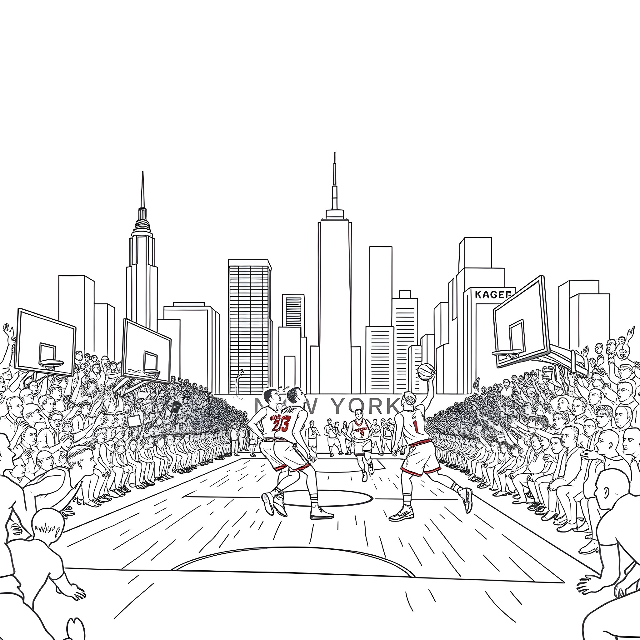 New York Knicks Basketball Game in the City Coloring Page (free black-and-white line drawing printable PDF for all, from beginners to advanced learners, including children, teens, adults, and seniors)