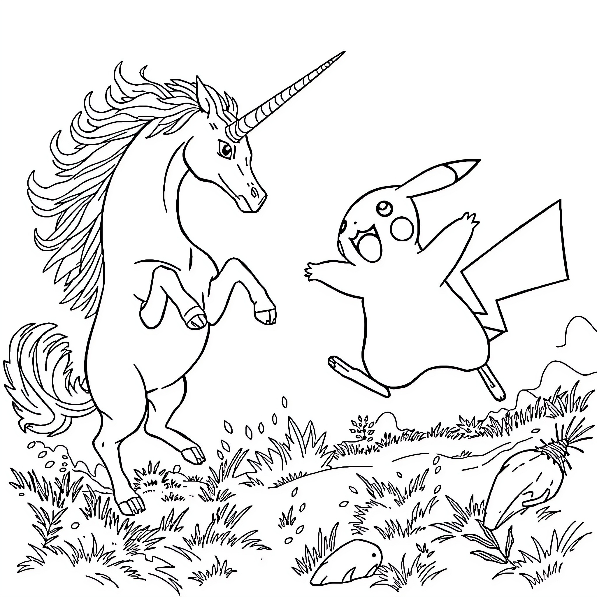 Pikachu meets a Unicorn in the Meadow Coloring Page (free black-and-white line drawing printable PDF for all, from beginners to advanced learners, including children, teens, adults, and seniors)