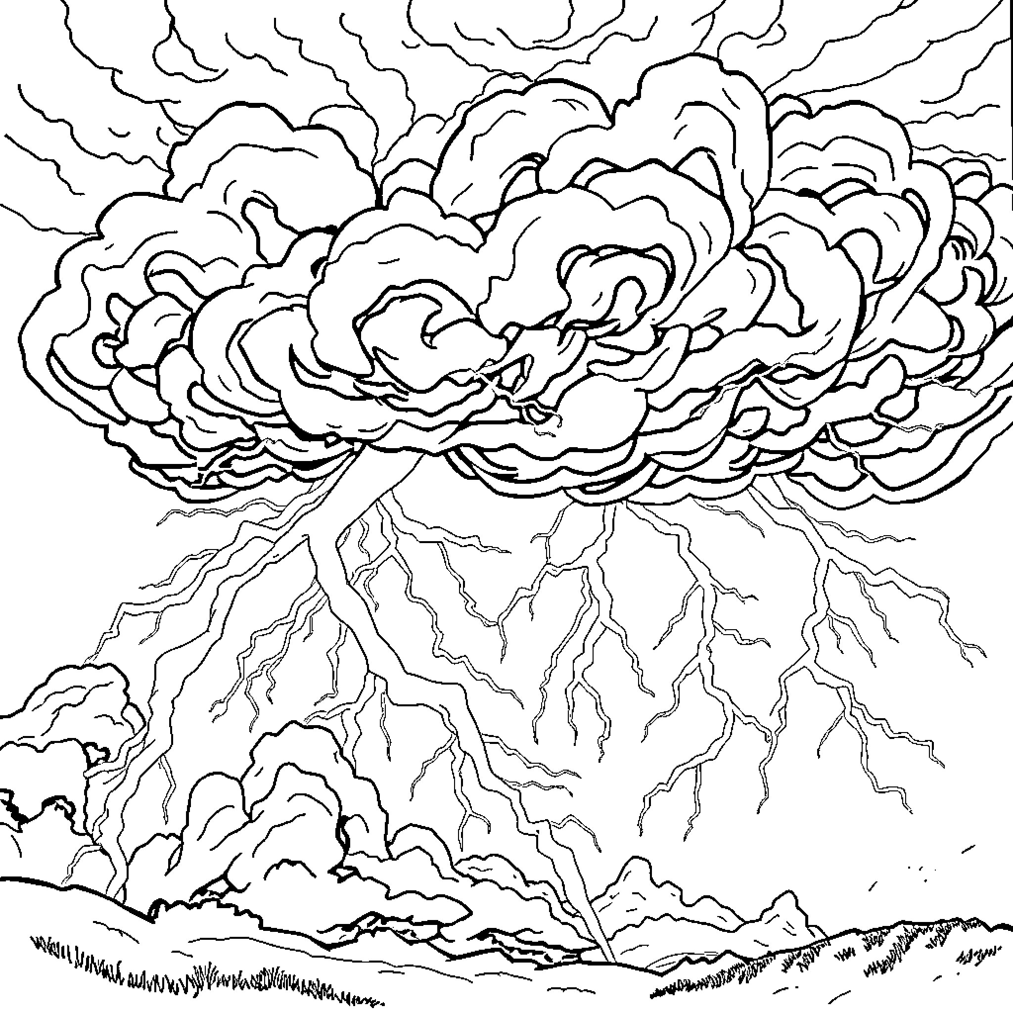 Thunderstorm with dramatic cloud formations Coloring Page (free black-and-white line drawing printable PDF for all, from beginners to advanced learners, including children, teens, adults, and seniors)