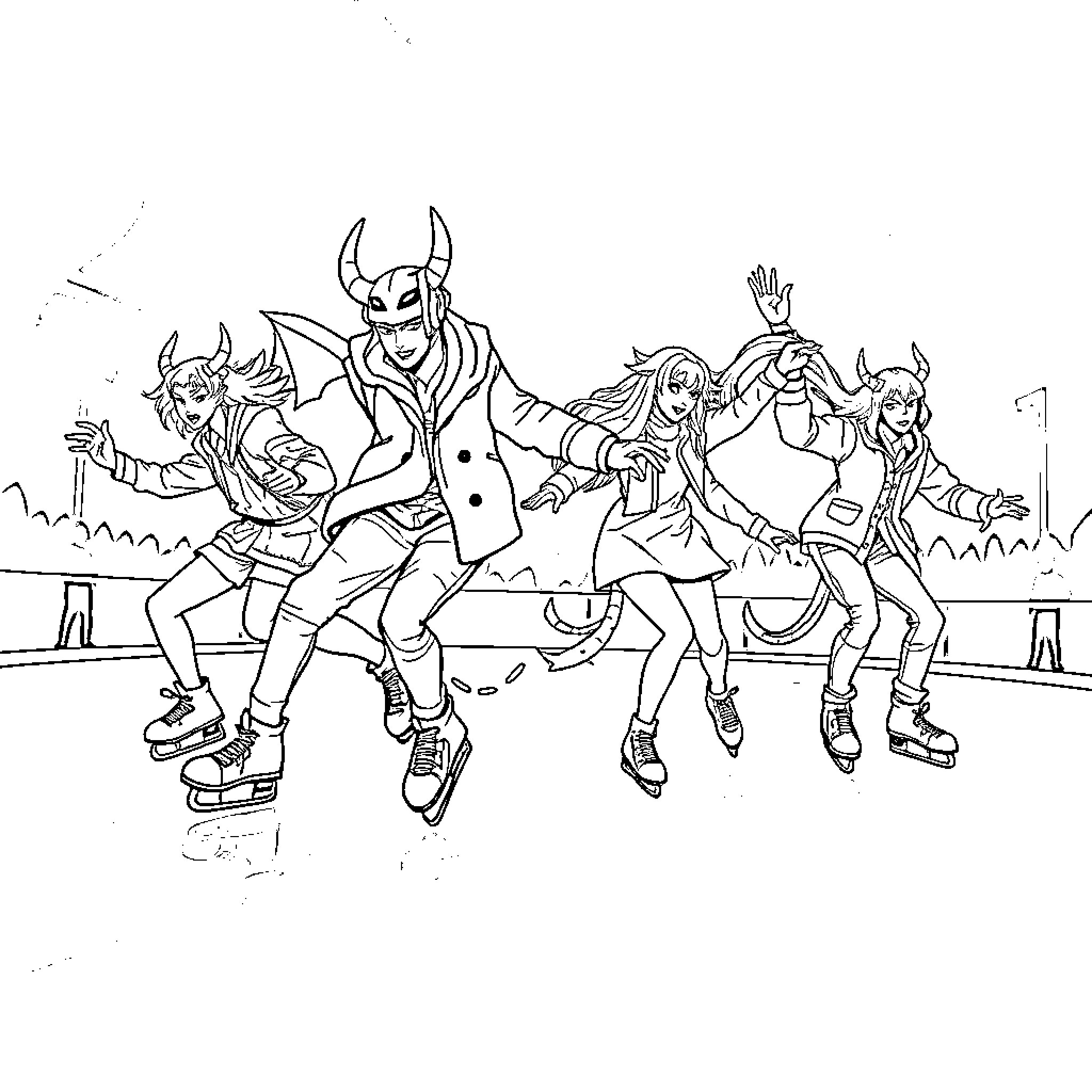 Demon Hunters in action-packed adventure Coloring Page (free black-and-white line drawing printable PDF for all, from beginners to advanced learners, including children, teens, adults, and seniors)