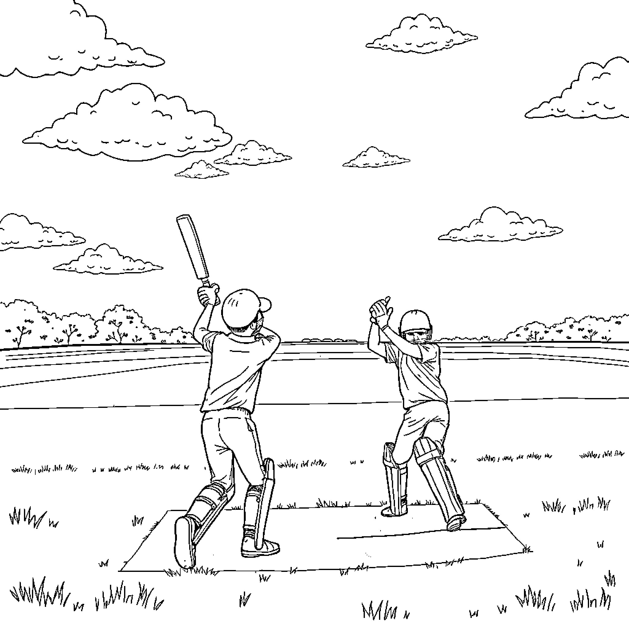 Boy playing cricket with friend on field Coloring Page (free black-and-white line drawing printable PDF for all, from beginners to advanced learners, including children, teens, adults, and seniors)