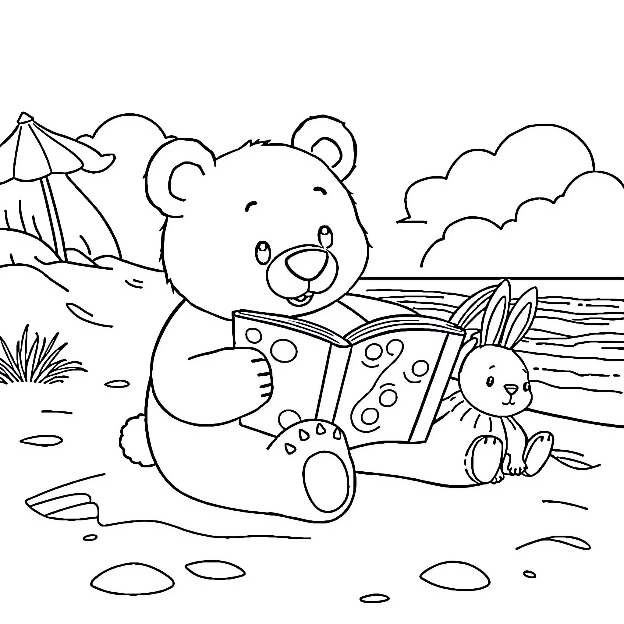 Bear reading a book with a rabbit Coloring Page (free black-and-white line drawing printable PDF for all, from beginners to advanced learners, including children, teens, adults, and seniors)