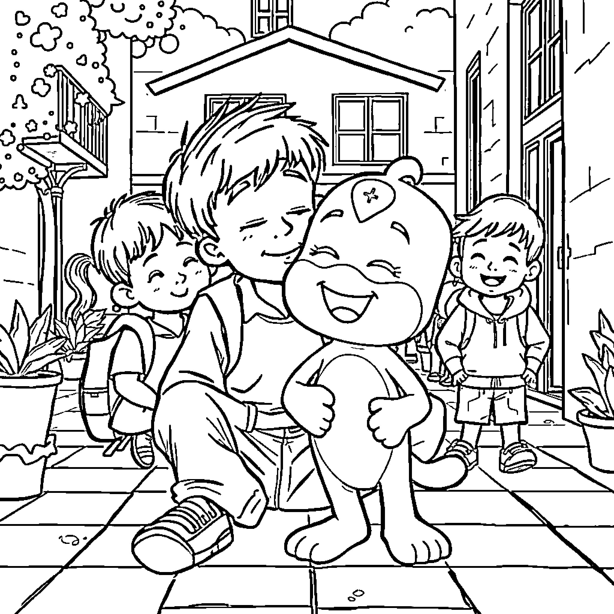 Bluey and friends playing together outside Coloring Page (free black-and-white line drawing printable PDF for all, from beginners to advanced learners, including children, teens, adults, and seniors)