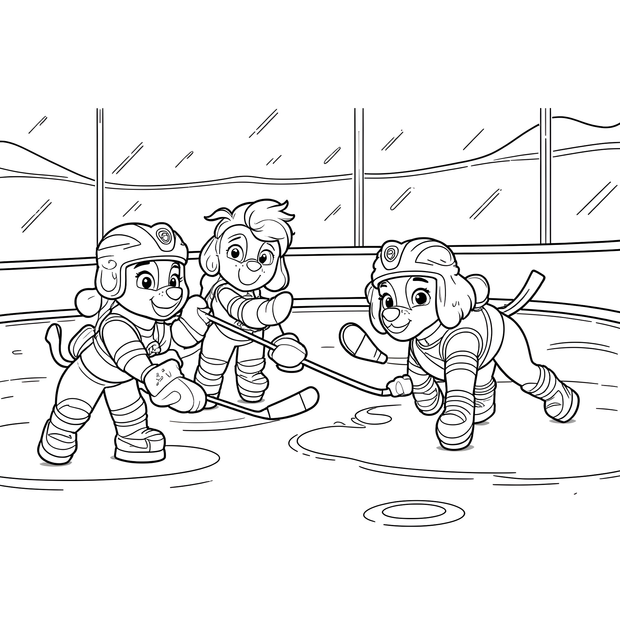 Paw Patrol team playing on ice rink Coloring Page (free black-and-white line drawing printable PDF for all, from beginners to advanced learners, including children, teens, adults, and seniors)