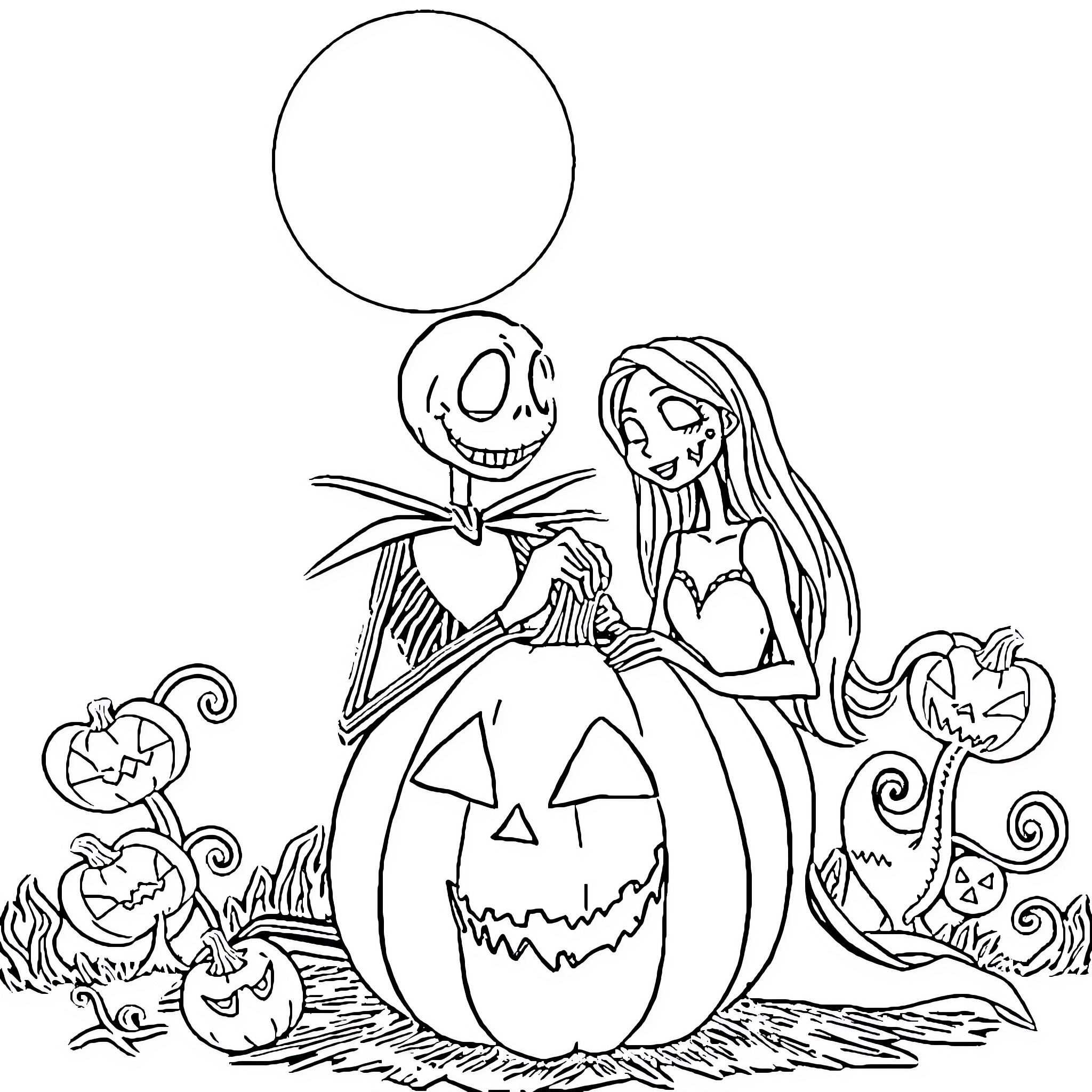 Jack and Sally holding pumpkins on Halloween Coloring Page (free black-and-white line drawing printable PDF for all, from beginners to advanced learners, including children, teens, adults, and seniors)