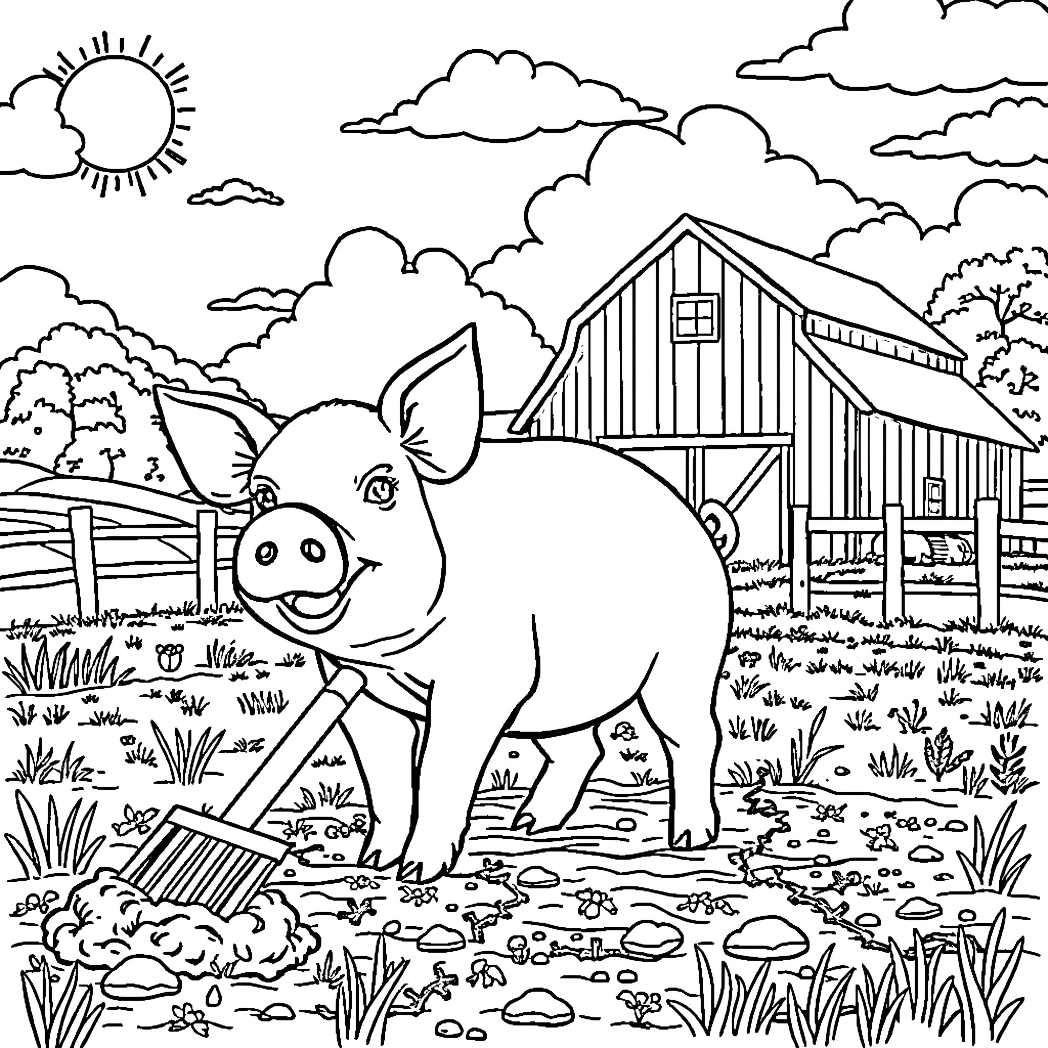 Pig enjoying a sunny day on the farm Coloring Page (free black-and-white line drawing printable PDF for all, from beginners to advanced learners, including children, teens, adults, and seniors)