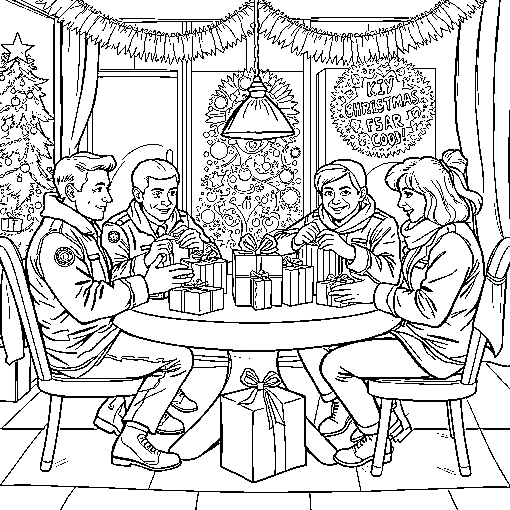 Ice Agent Family Enjoying Christmas Celebration Coloring Page (free black-and-white line drawing printable PDF for all, from beginners to advanced learners, including children, teens, adults, and seniors)
