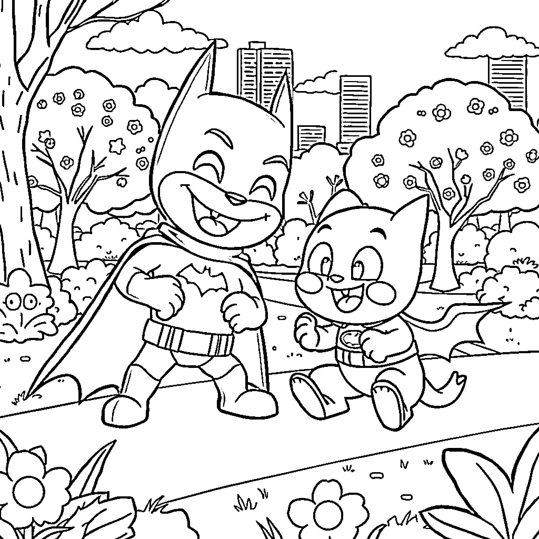 Plim Plim's Joyful Adventure in the City Park Coloring Page (free black-and-white line drawing printable PDF for all, from beginners to advanced learners, including children, teens, adults, and seniors)