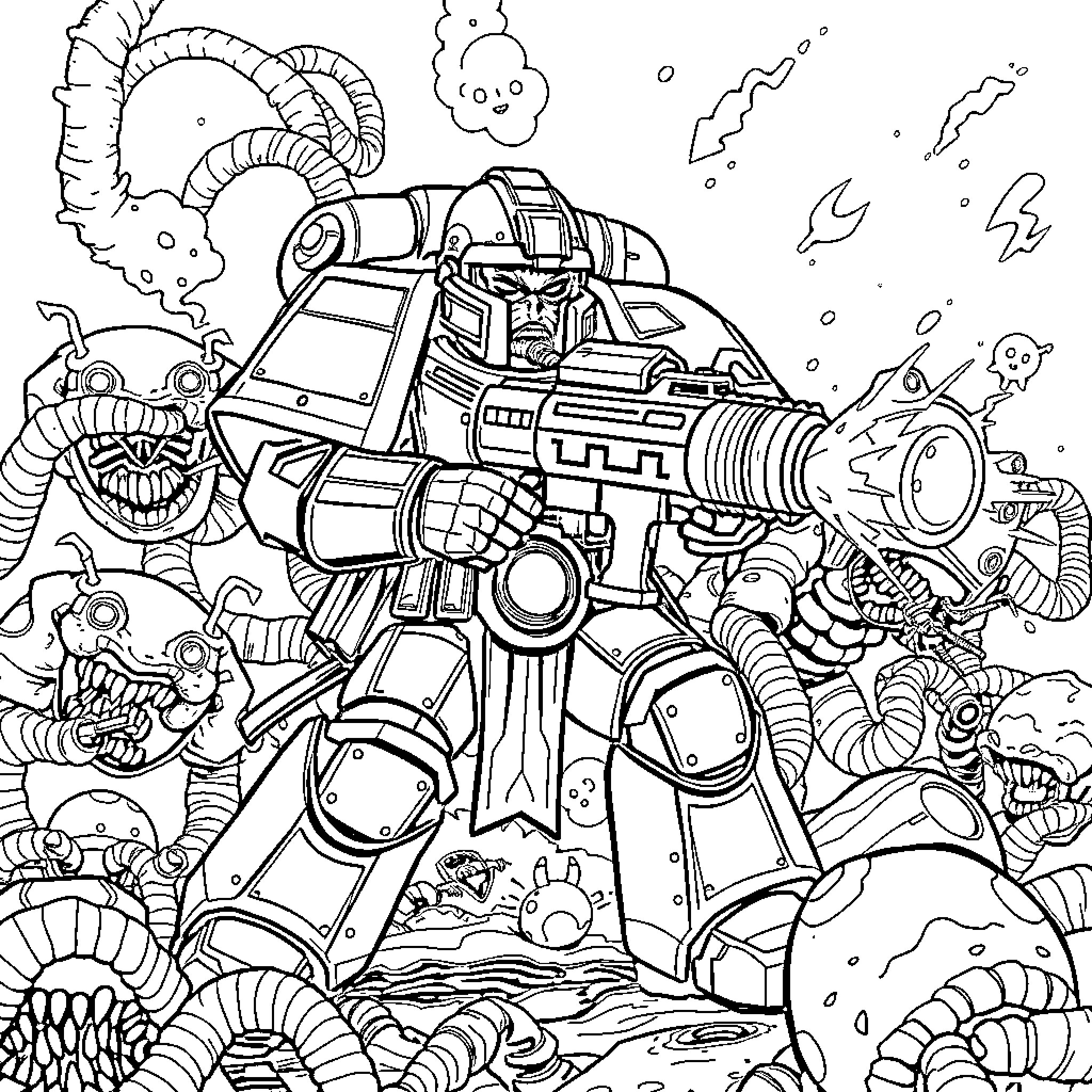 Space Marine in Futuristic Armor Battling Alien Creatures Coloring Page (free black-and-white line drawing printable PDF for all, from beginners to advanced learners, including children, teens, adults, and seniors)