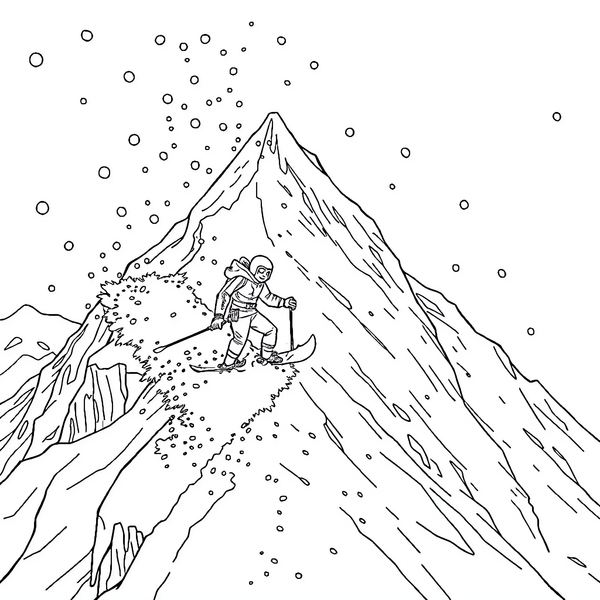 Albator exploring a snowy mountainous landscape Coloring Page (free black-and-white line drawing printable PDF for all, from beginners to advanced learners, including children, teens, adults, and seniors)
