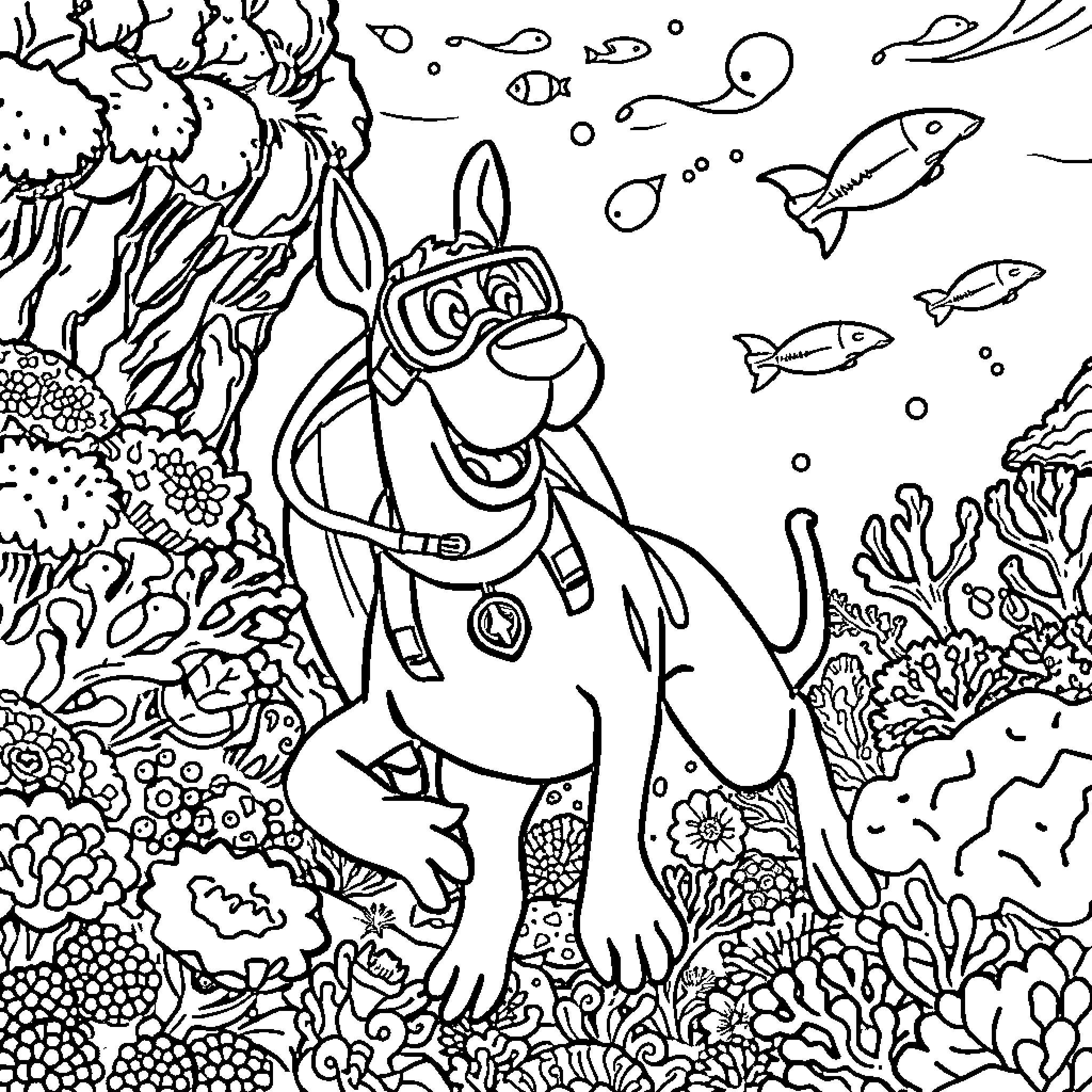 Scooby Doo Explores the Underwater Coral Reef Coloring Page (free black-and-white line drawing printable PDF for all, from beginners to advanced learners, including children, teens, adults, and seniors)