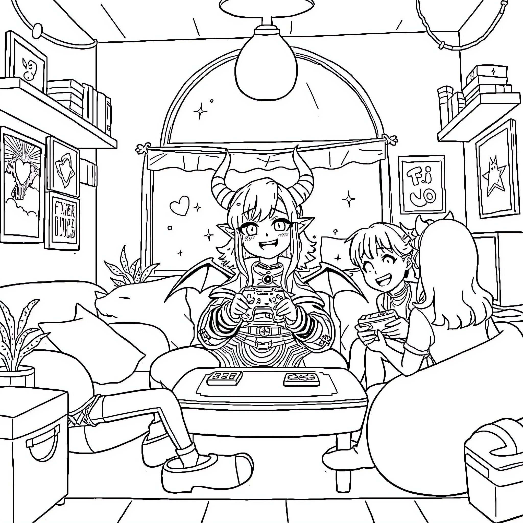 Zoey's Cozy Gaming Session with Friends Coloring Page (free black-and-white line drawing printable PDF for all, from beginners to advanced learners, including children, teens, adults, and seniors)