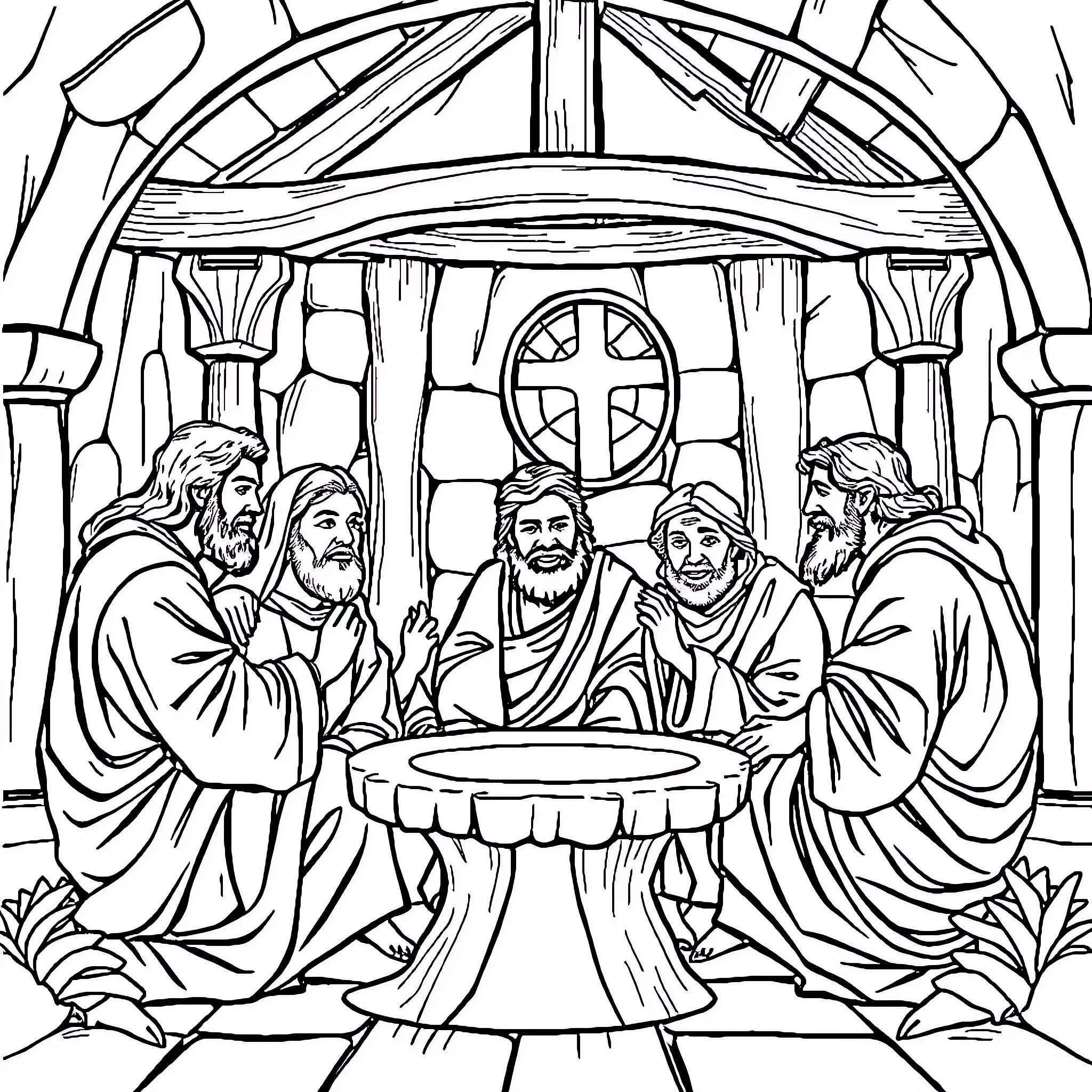 Disciple Gathering in Ornate Chapel Coloring Page (free black-and-white line drawing printable PDF for all, from beginners to advanced learners, including children, teens, adults, and seniors)