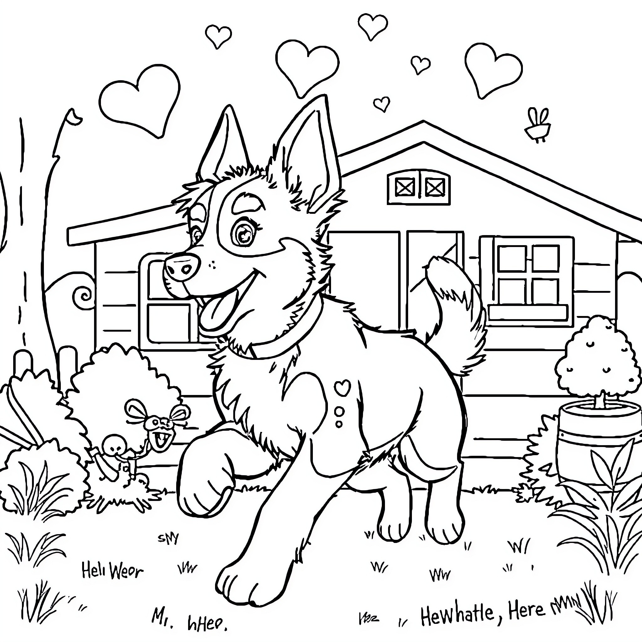 Bluey playing happily in the backyard with friends Coloring Page (free black-and-white line drawing printable PDF for all, from beginners to advanced learners, including children, teens, adults, and seniors)