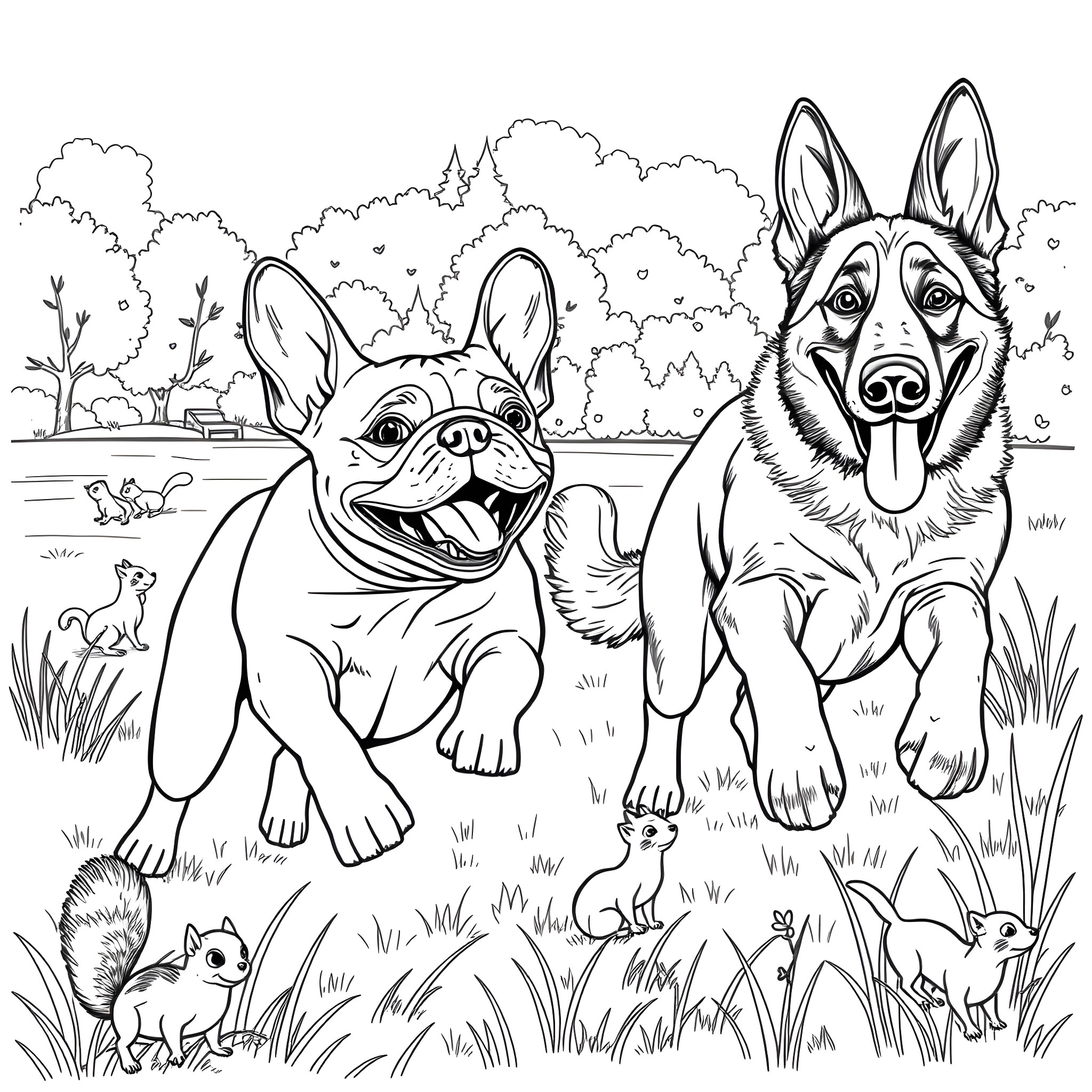 Dogs playing happily in the park Coloring Page (free black-and-white line drawing printable PDF for all, from beginners to advanced learners, including children, teens, adults, and seniors)