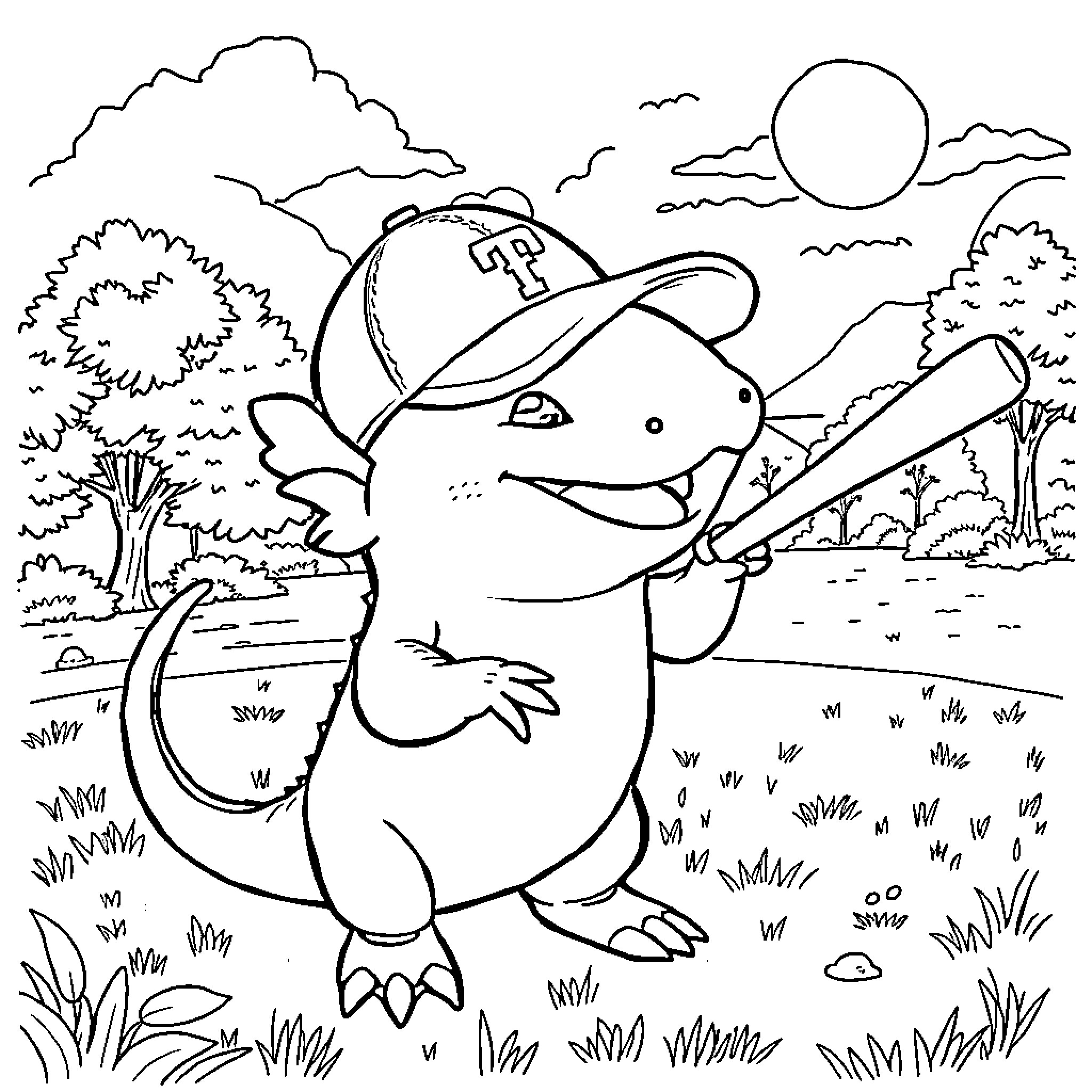 Axolotl playing baseball in nature Coloring Page (free black-and-white line drawing printable PDF for all, from beginners to advanced learners, including children, teens, adults, and seniors)