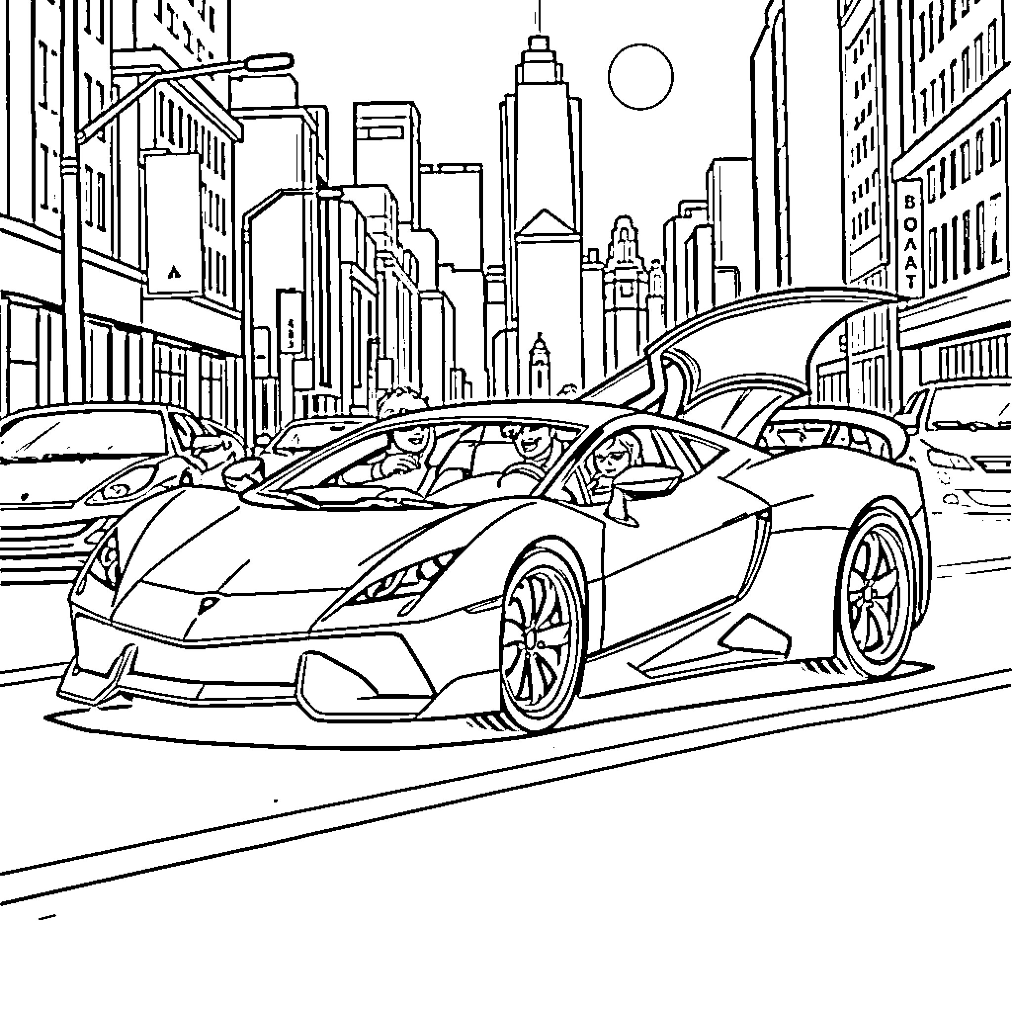Bat-shaped sports car speeding through city streets Coloring Page (free black-and-white line drawing printable PDF for all, from beginners to advanced learners, including children, teens, adults, and seniors)