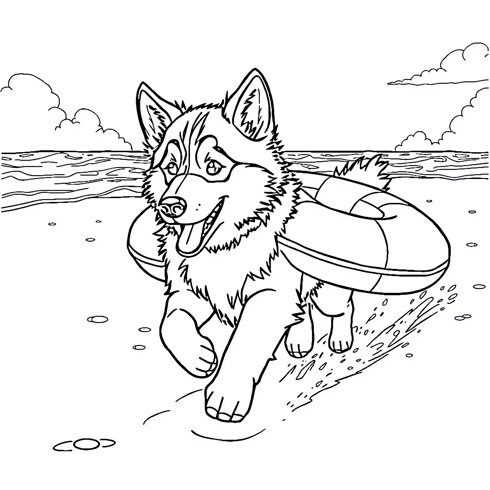 Husky playing joyfully with beach toy in the waves Coloring Page (free black-and-white line drawing printable PDF for all, from beginners to advanced learners, including children, teens, adults, and seniors)