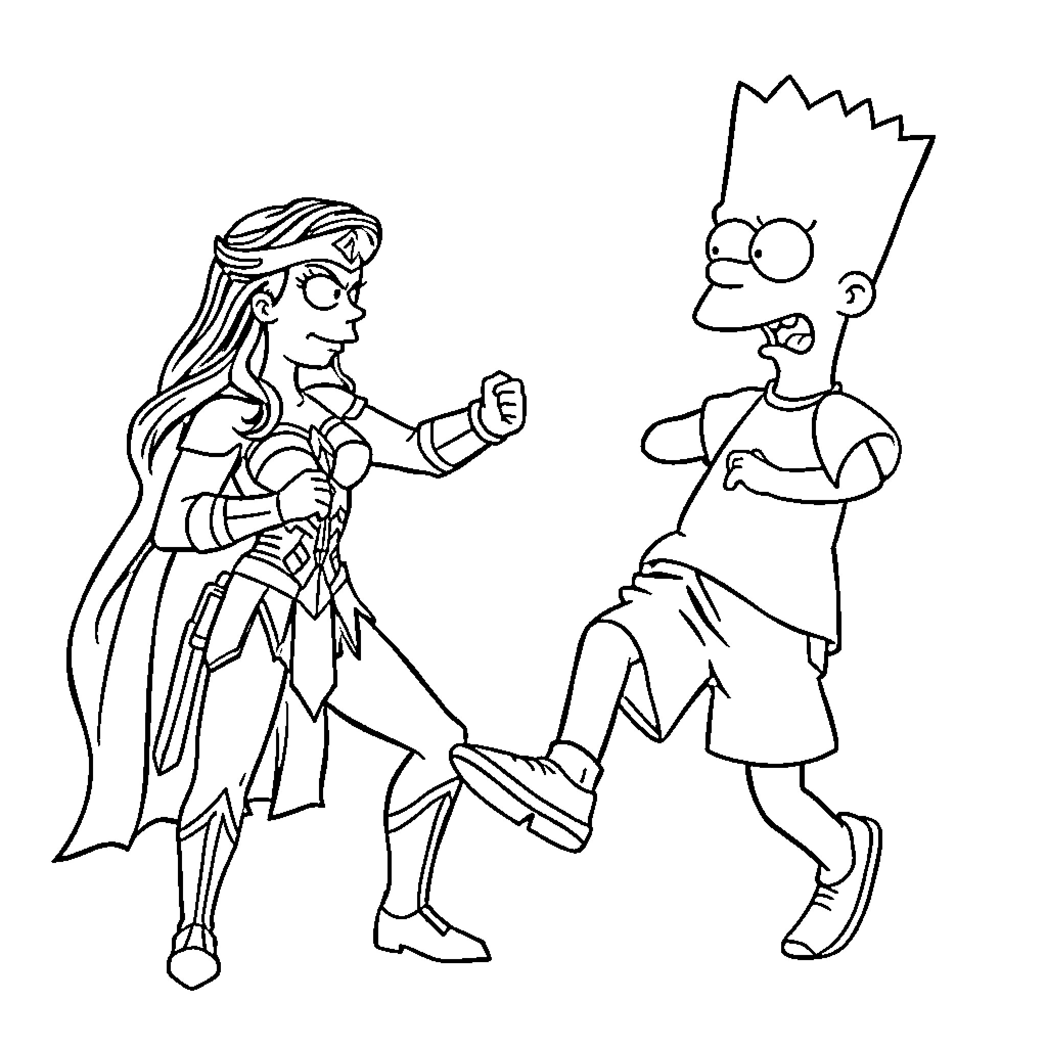 Wonder Woman and Bart Simpson in Battle Coloring Page (free black-and-white line drawing printable PDF for all, from beginners to advanced learners, including children, teens, adults, and seniors)