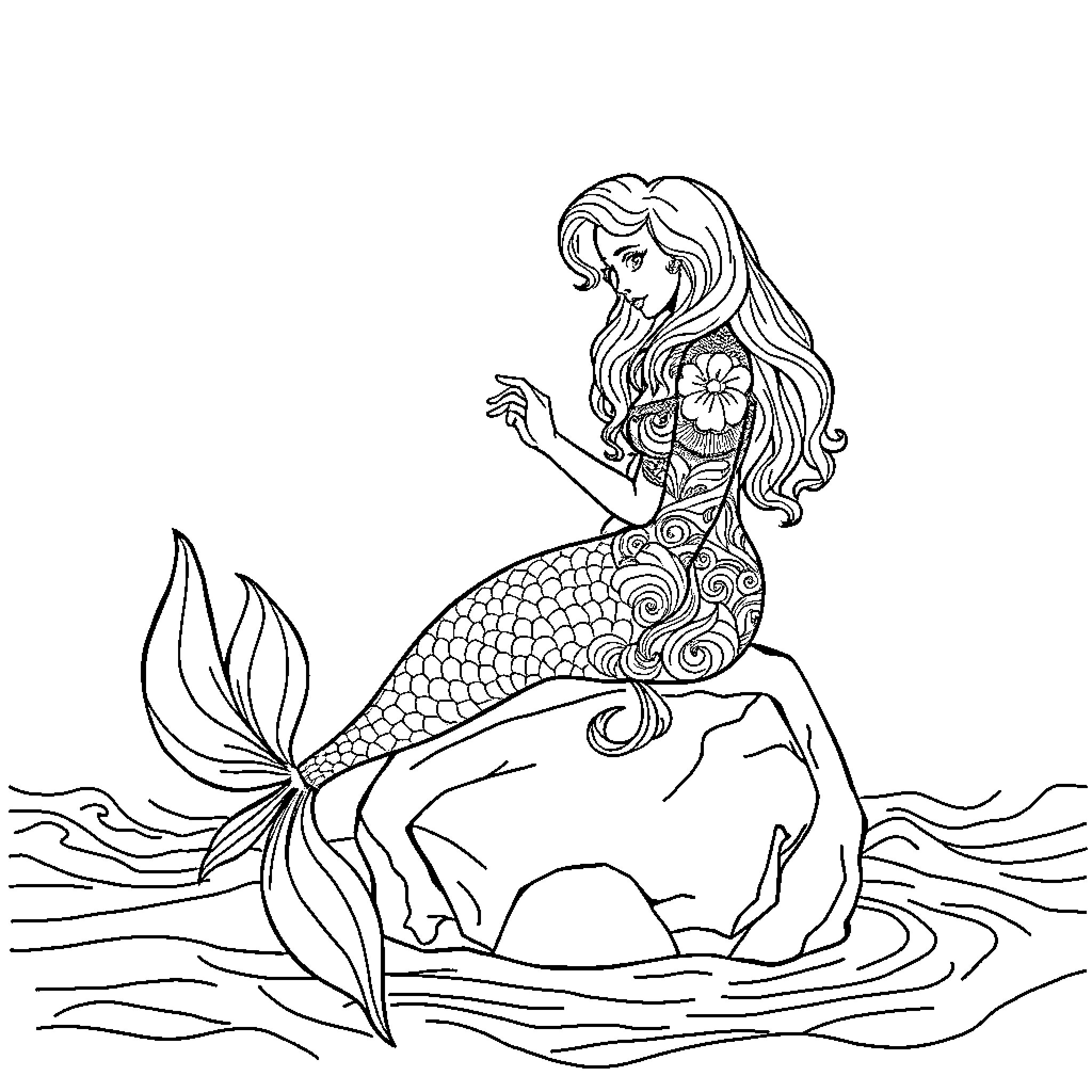 Mermaid resting on a rock in the ocean Coloring Page (free black-and-white line drawing printable PDF for all, from beginners to advanced learners, including children, teens, adults, and seniors)