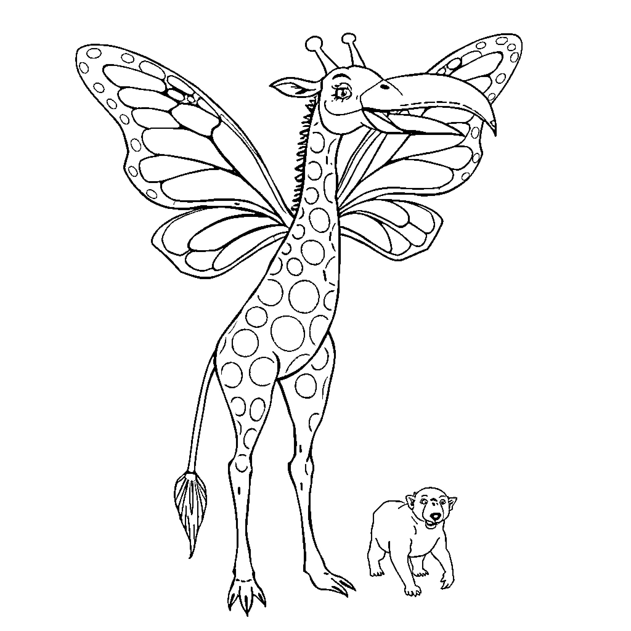 Giraffe-like creature with butterfly wings and a lion cub Coloring Page (free black-and-white line drawing printable PDF for all, from beginners to advanced learners, including children, teens, adults, and seniors)