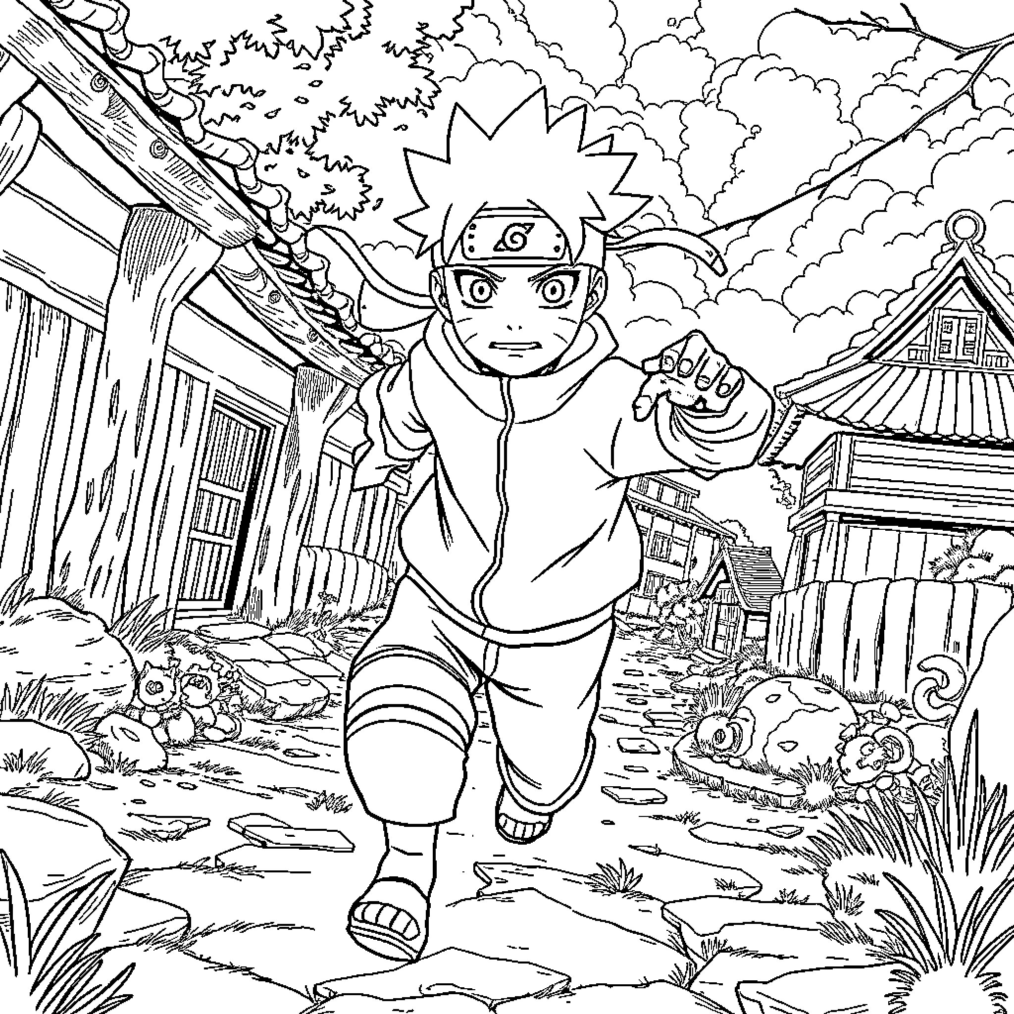 Naruto running through the village in action Coloring Page (free black-and-white line drawing printable PDF for all, from beginners to advanced learners, including children, teens, adults, and seniors)