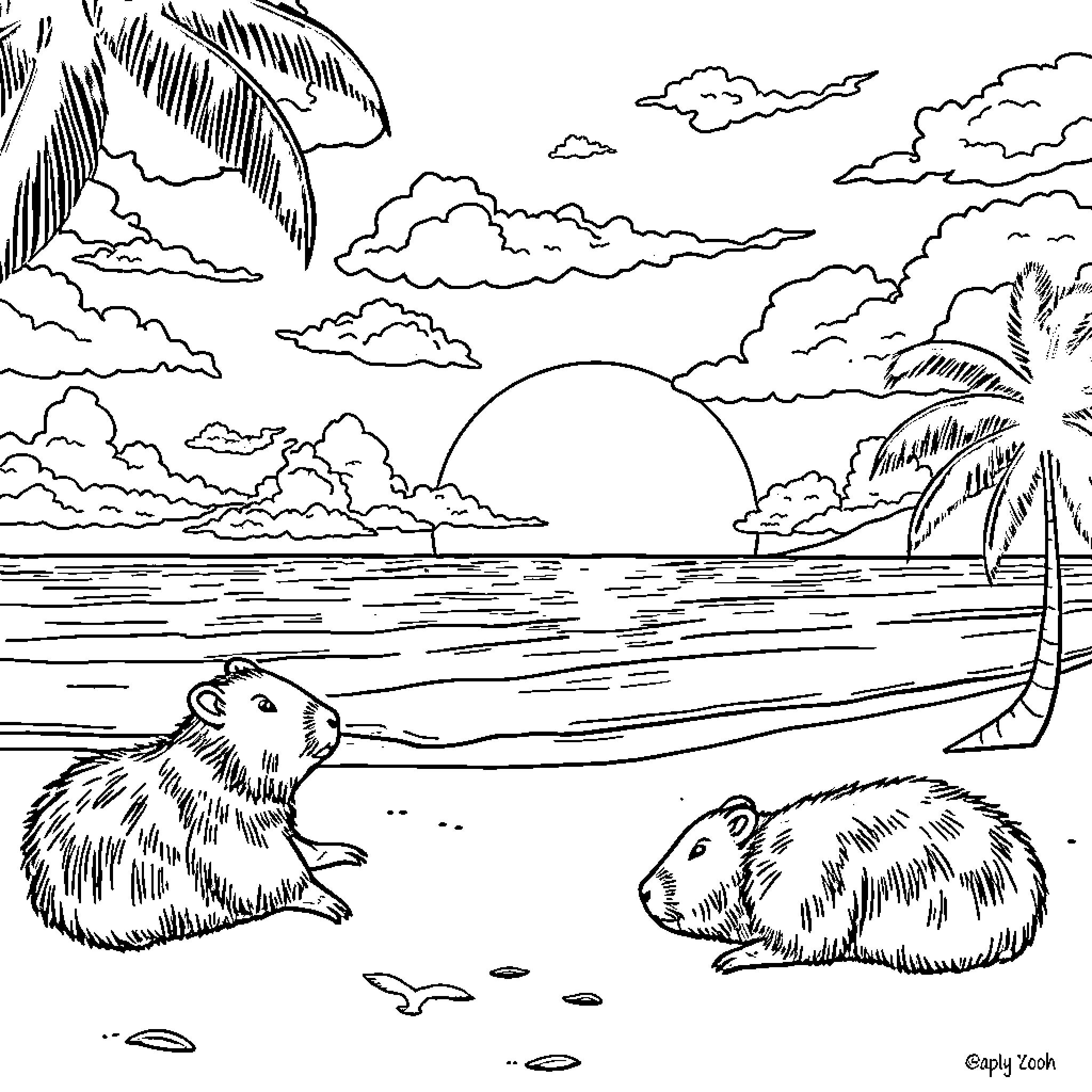 Capybara enjoying tropical beach scene Coloring Page (free black-and-white line drawing printable PDF for all, from beginners to advanced learners, including children, teens, adults, and seniors)