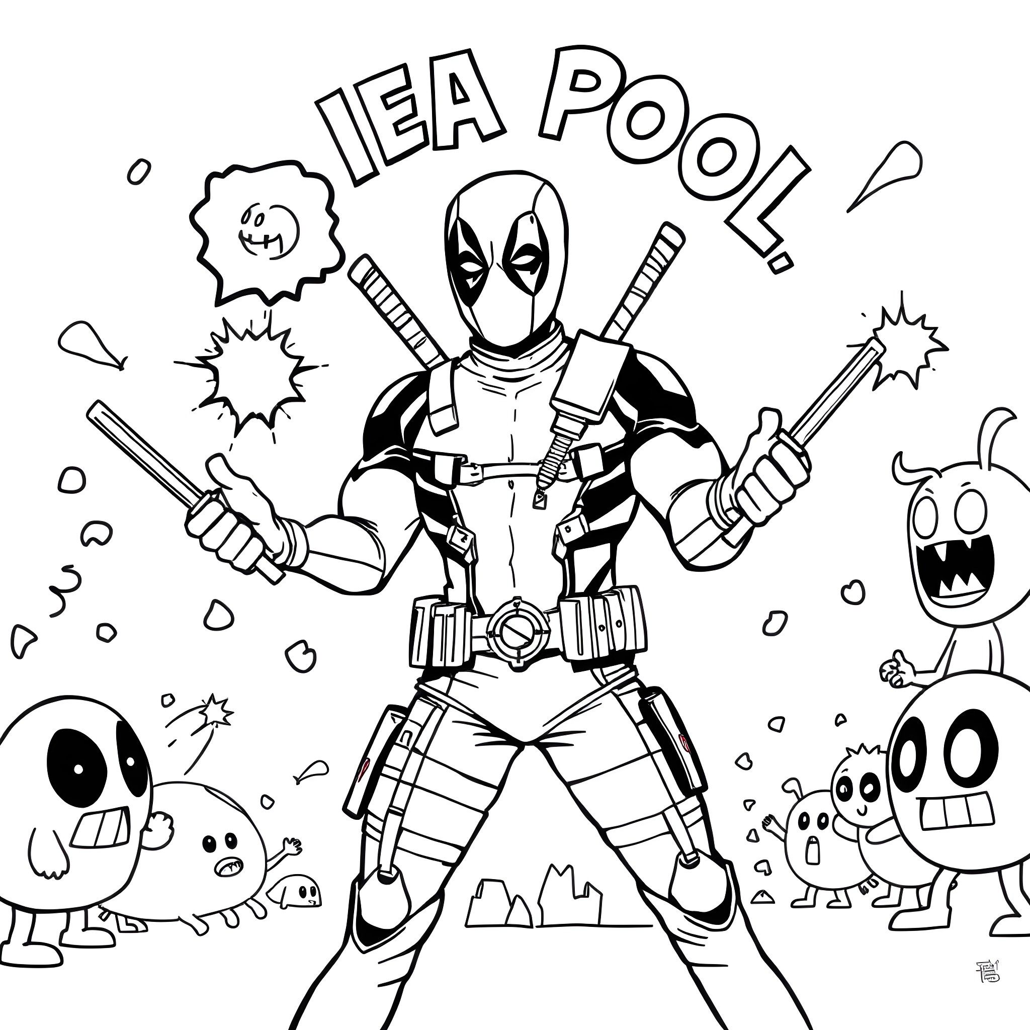 Deadpool Unleashed: Action, Humor, and Mischief Coloring Page (free black-and-white line drawing printable PDF for all, from beginners to advanced learners, including children, teens, adults, and seniors)