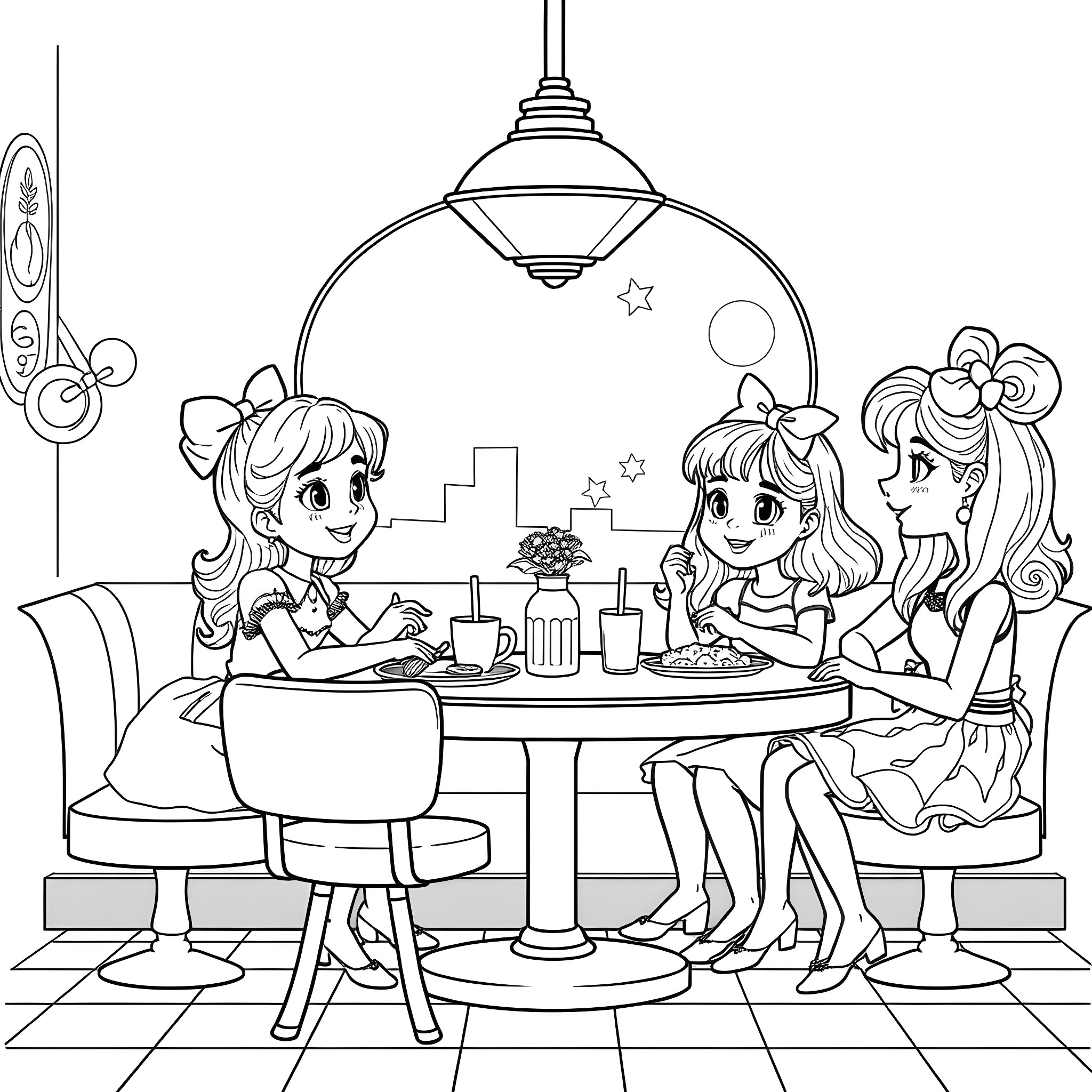 Doll friends having a meal together Coloring Page (free black-and-white line drawing printable PDF for all, from beginners to advanced learners, including children, teens, adults, and seniors)
