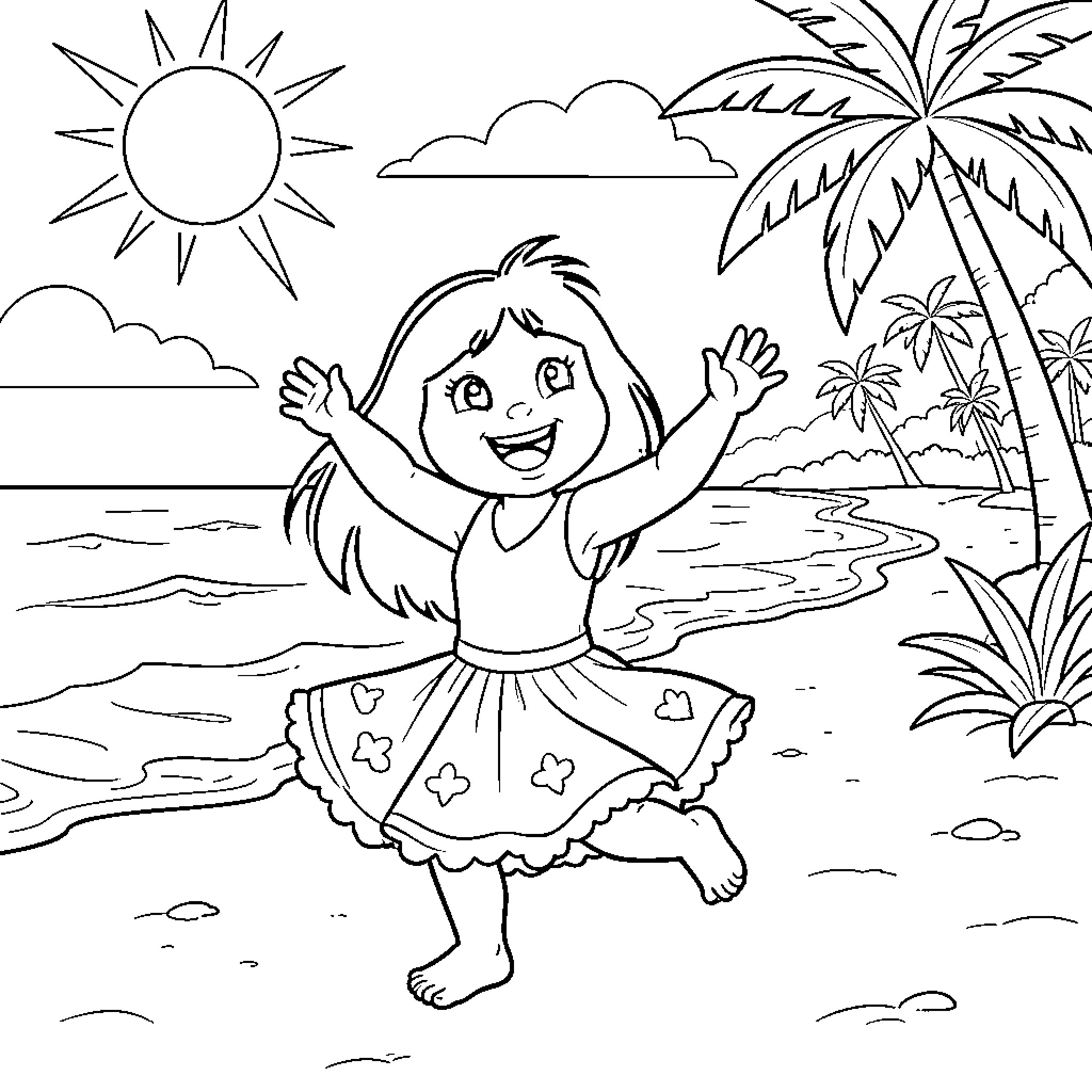Lilo enjoying a sunny day on the beach Coloring Page (free black-and-white line drawing printable PDF for all, from beginners to advanced learners, including children, teens, adults, and seniors)